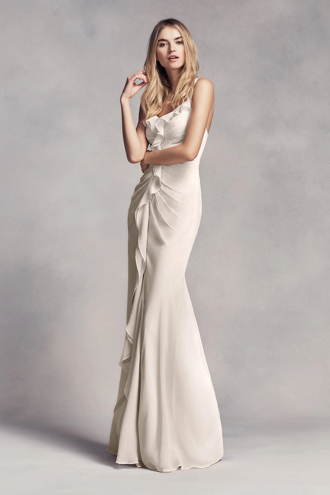 Ruched Long Bridesmaid Dress with Ruffles - Image 35