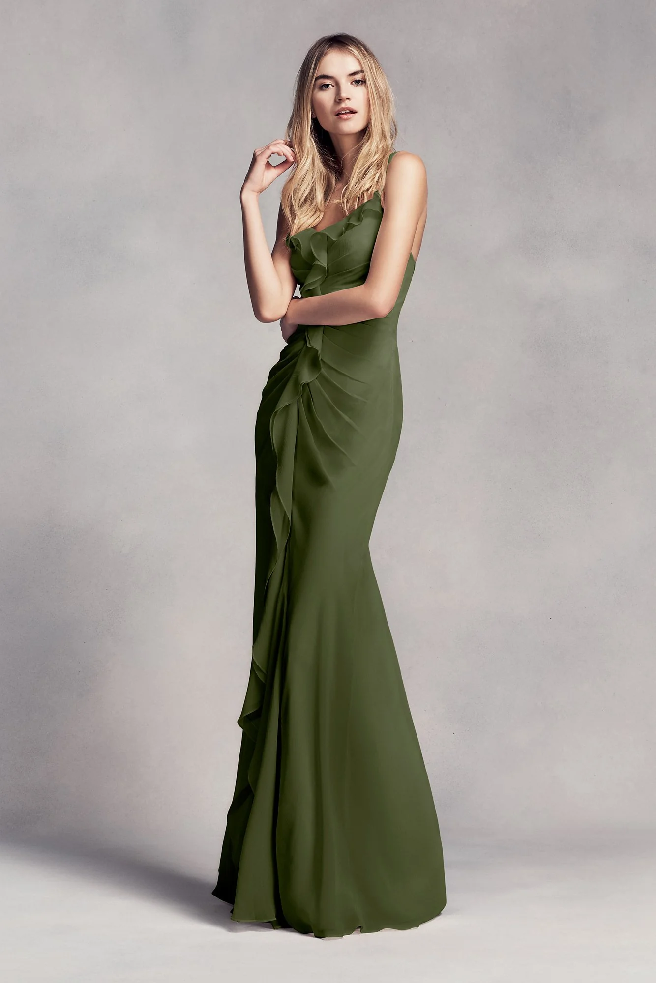 Ruched Long Bridesmaid Dress with Ruffles - Image 36