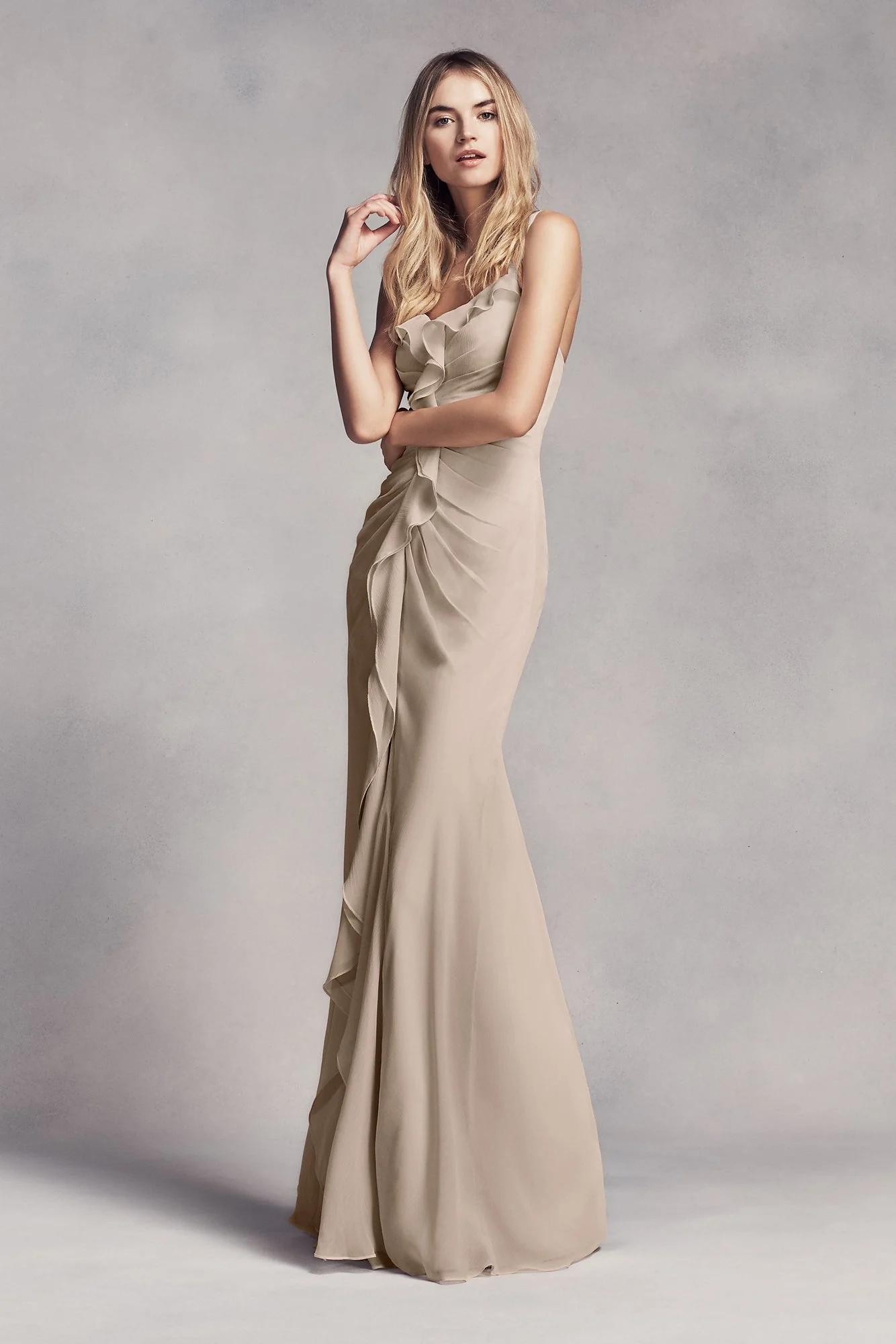 Ruched Long Bridesmaid Dress with Ruffles - Image 39