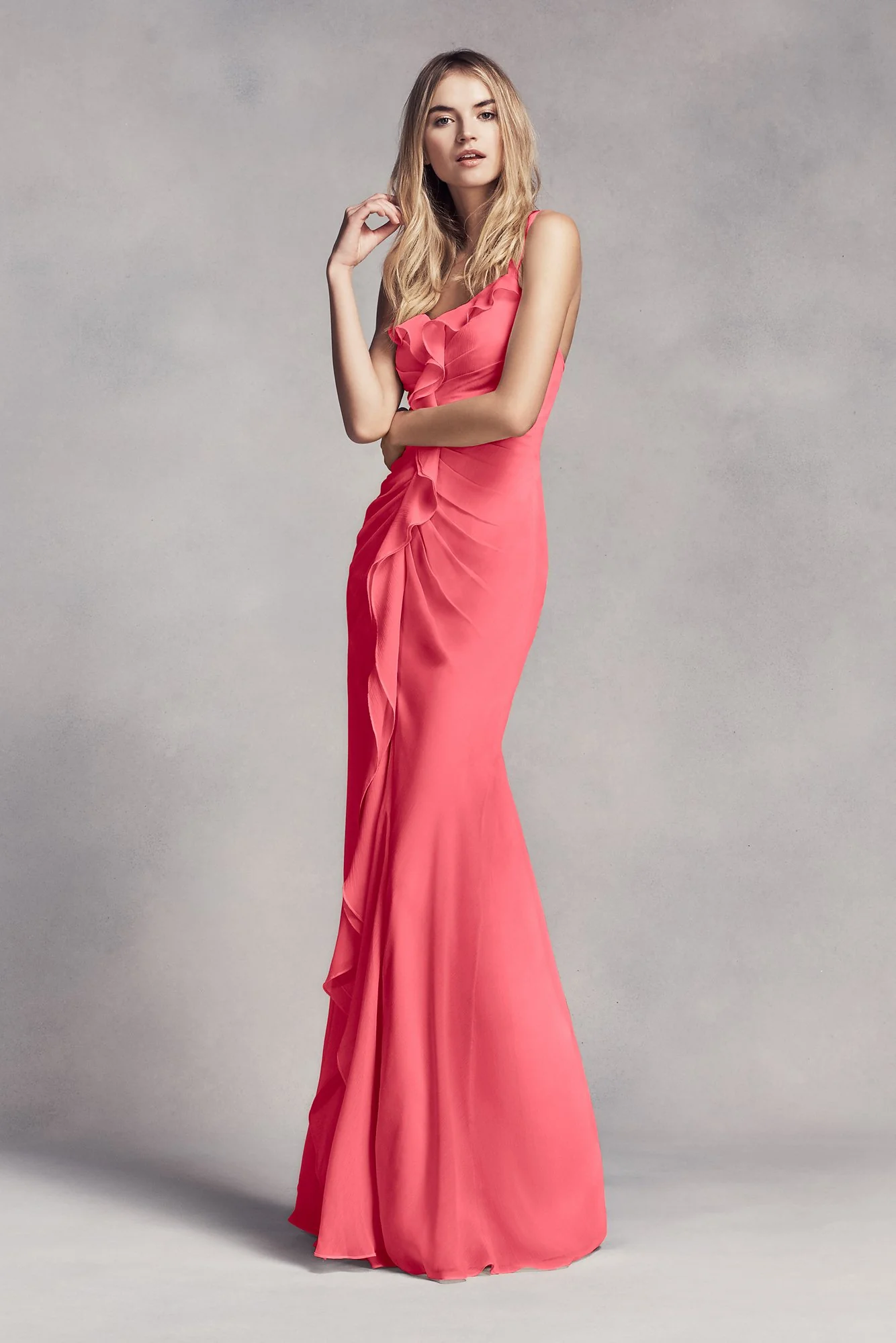 Ruched Long Bridesmaid Dress with Ruffles - Image 40