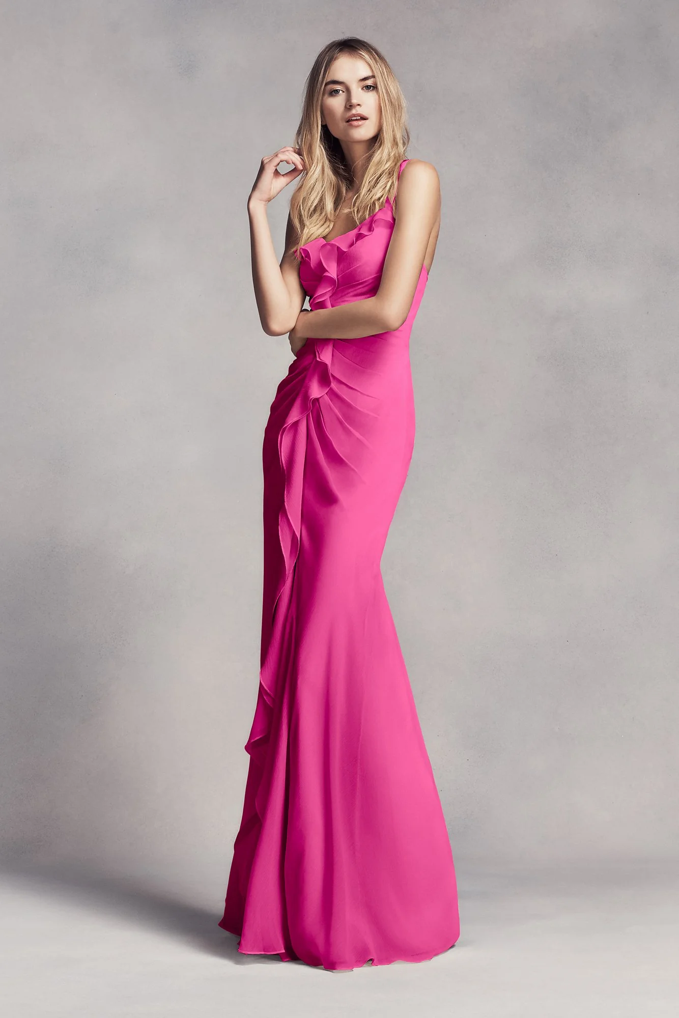 Ruched Long Bridesmaid Dress with Ruffles - Image 42