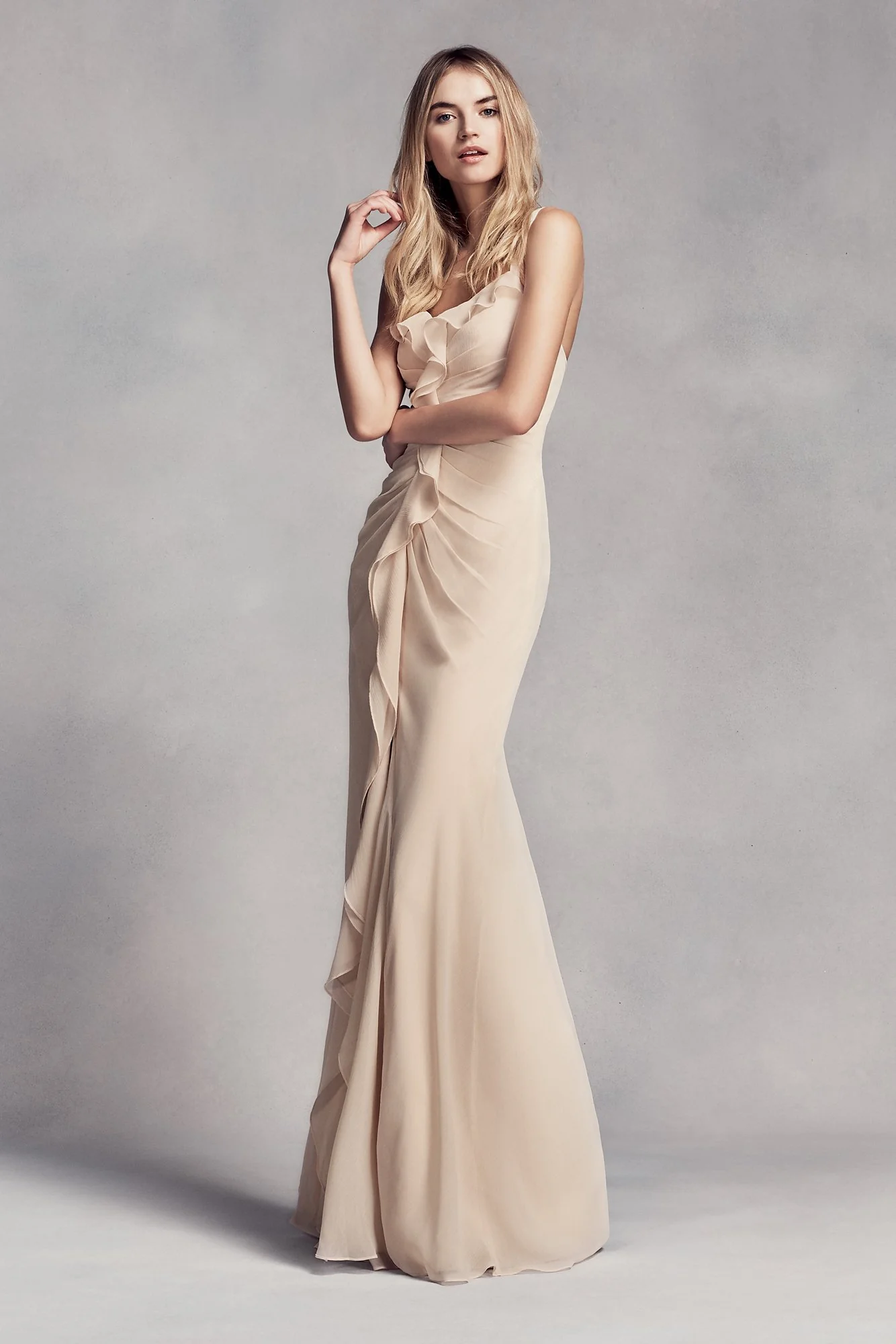 Ruched Long Bridesmaid Dress with Ruffles - Image 5