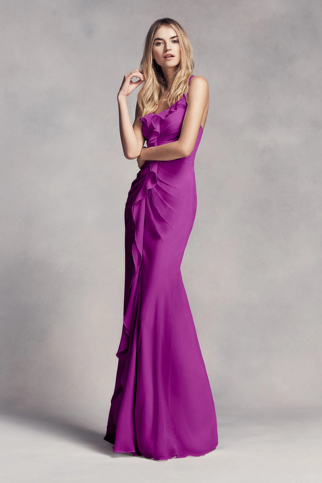 Ruched Long Bridesmaid Dress with Ruffles - Image 6