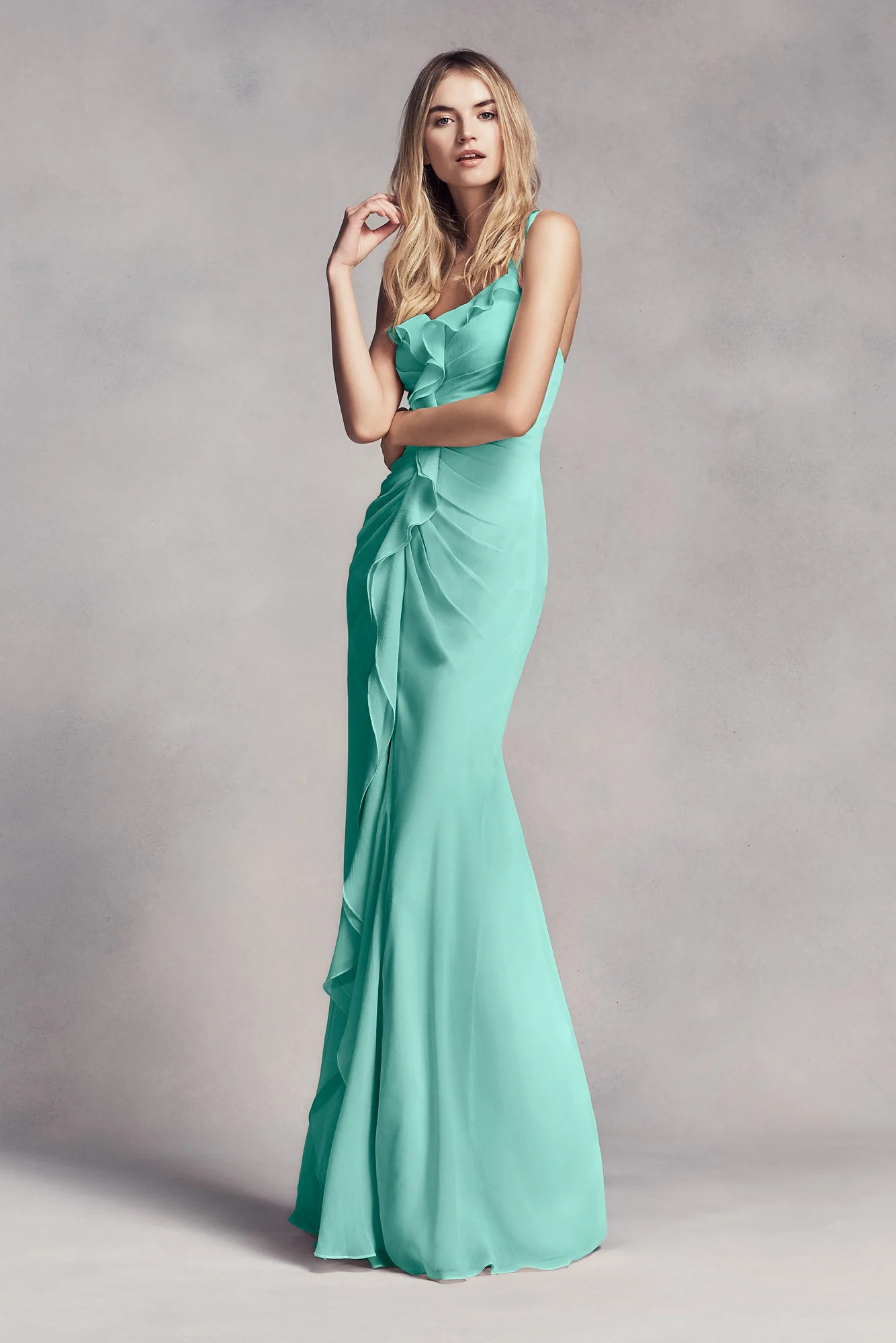 Ruched Long Bridesmaid Dress with Ruffles - Image 8