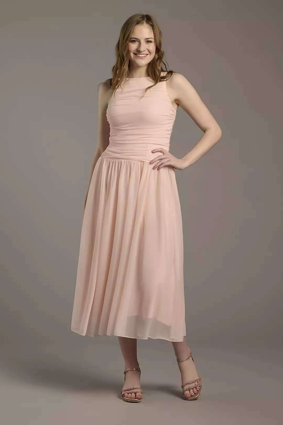 Ruched Mesh Drop Waist Midi Dress - Image 3