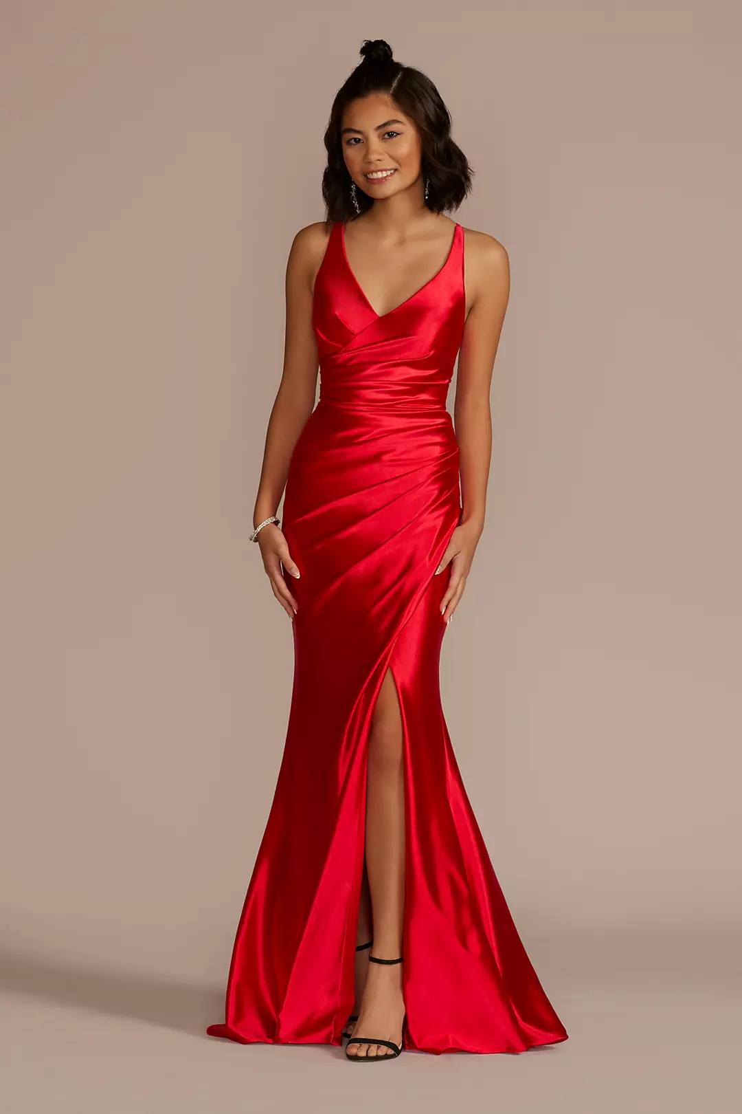 Ruched V-Neck Stretch Satin Sheath Gown with Slit - Image 16