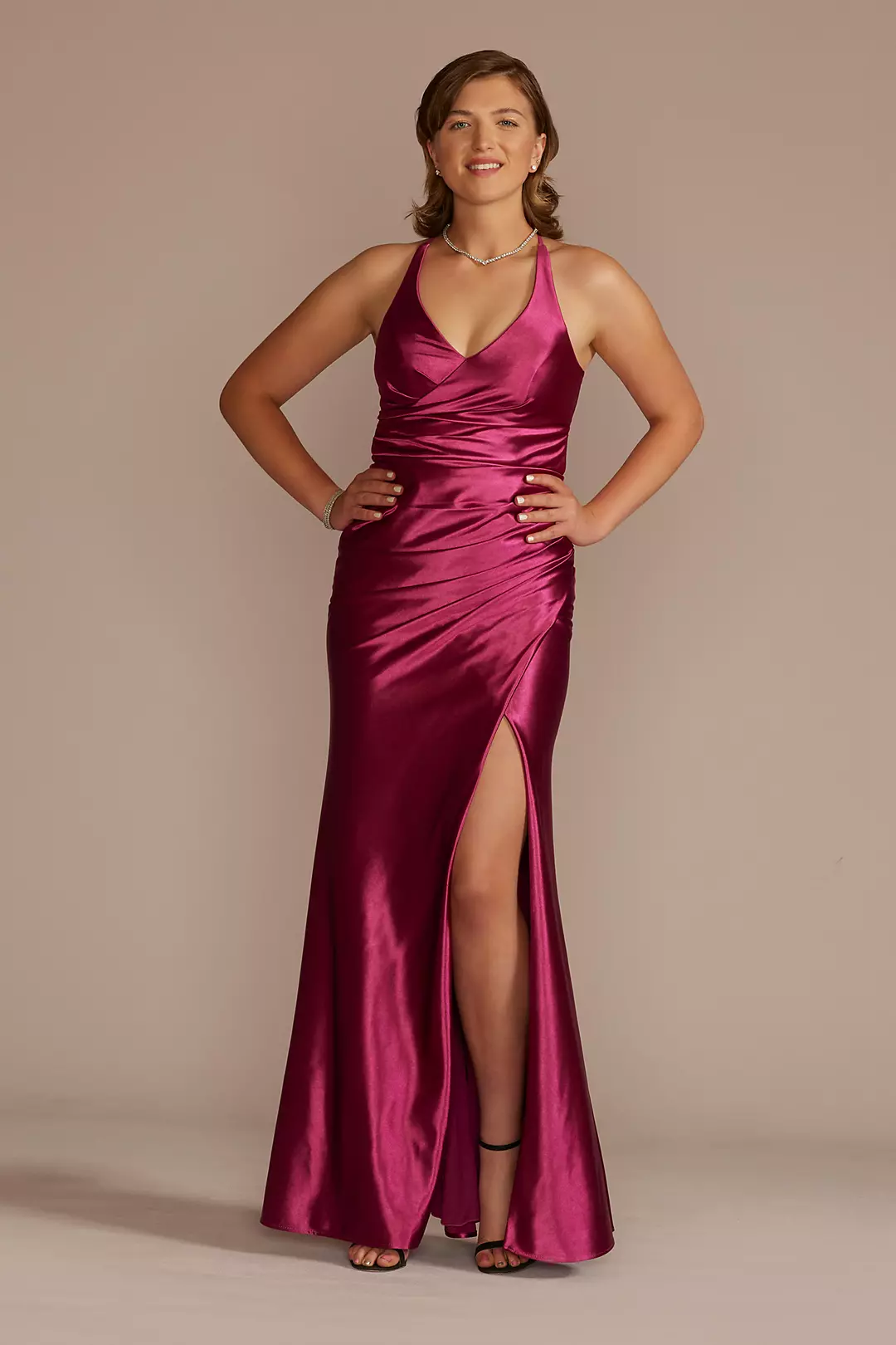 Ruched V-Neck Stretch Satin Sheath Gown with Slit - Image 7