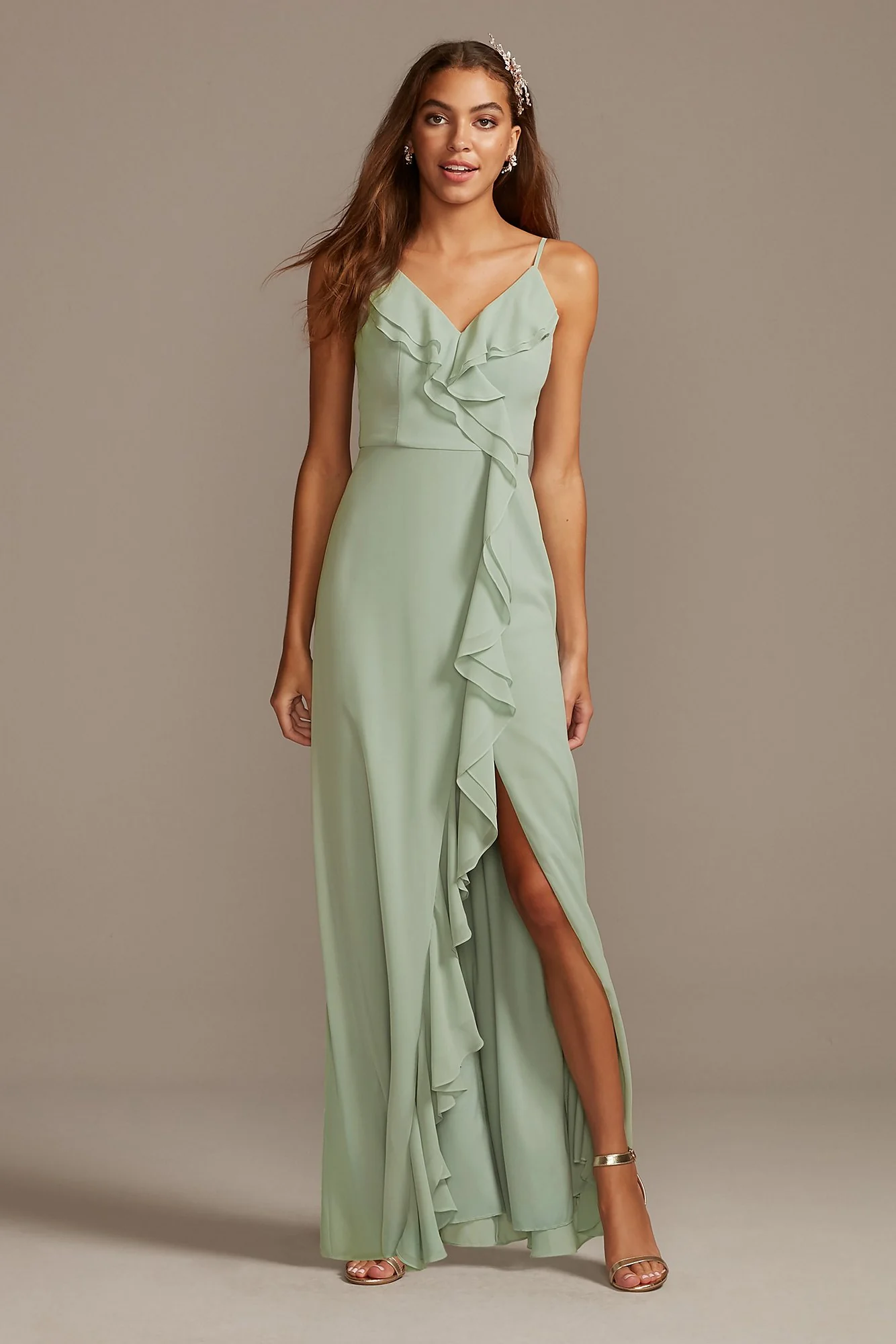Ruffle Spaghetti-Strap Chiffon Dress with Slit