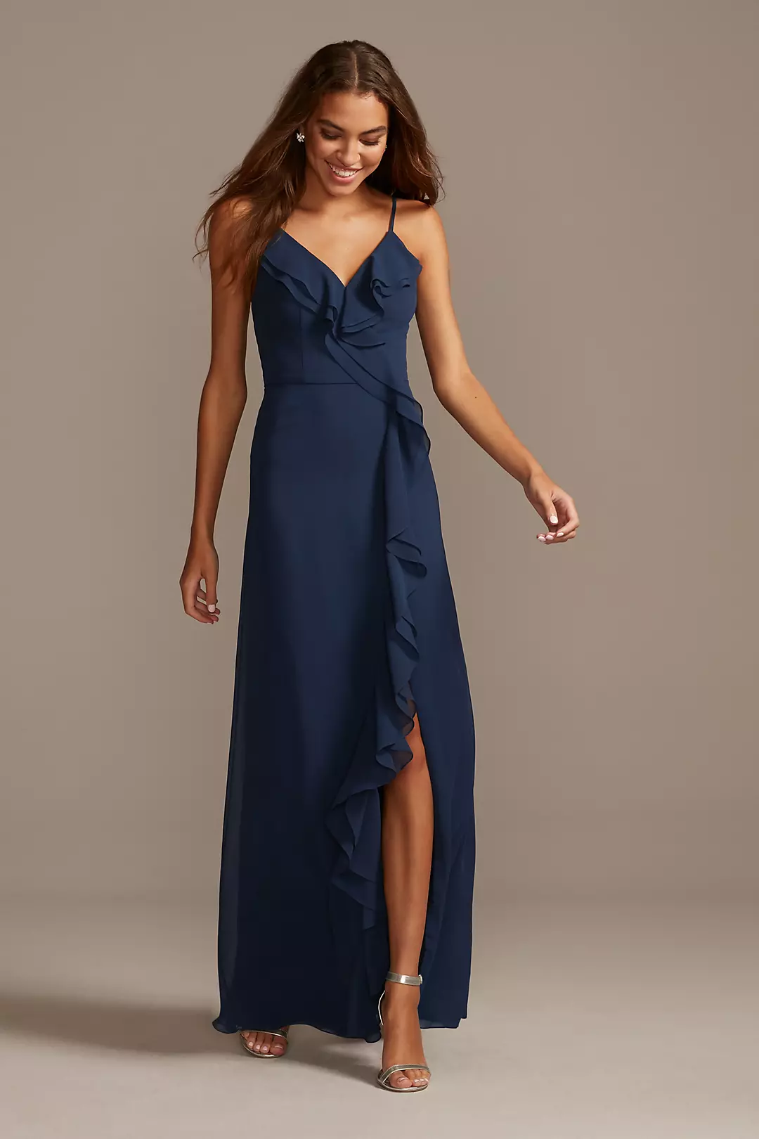 Ruffle Spaghetti-Strap Chiffon Dress with Slit - Image 7