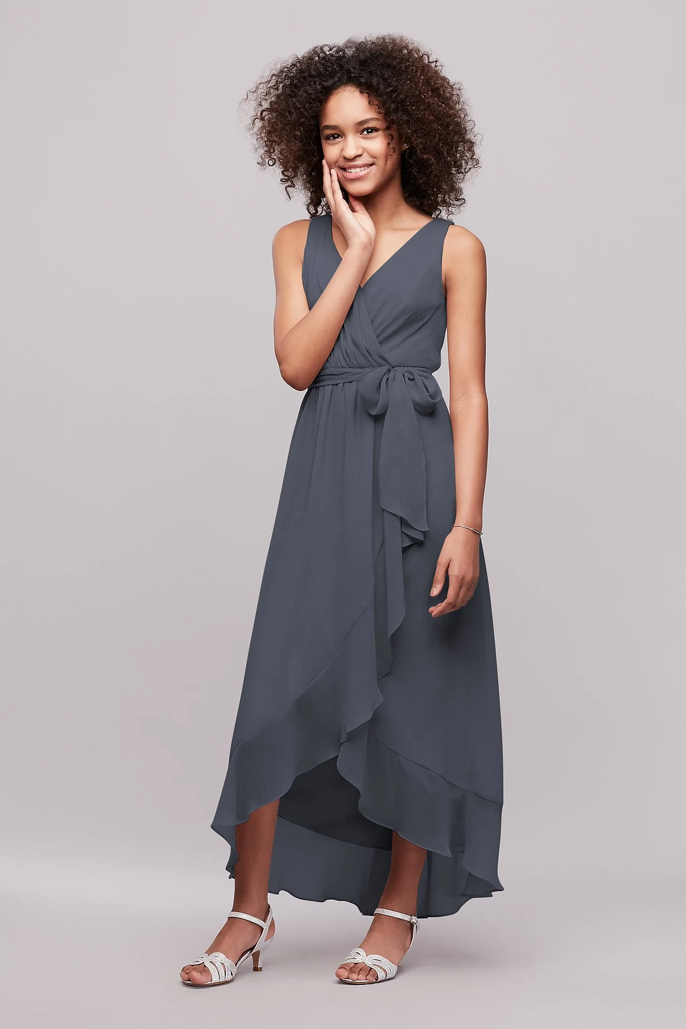 Ruffled Chiffon Faux-Wrap Junior Bridesmaid Dress - Image 46