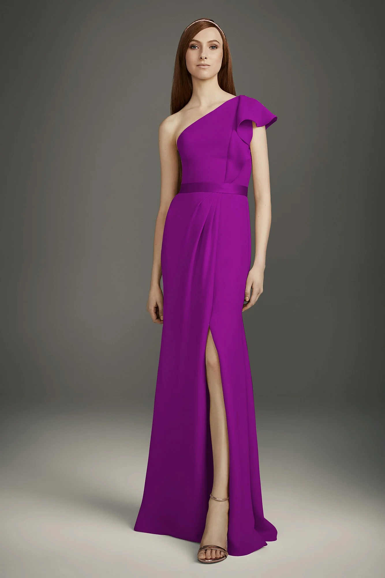 Ruffled One-Shoulder Double Cloth Bridesmaid Dress