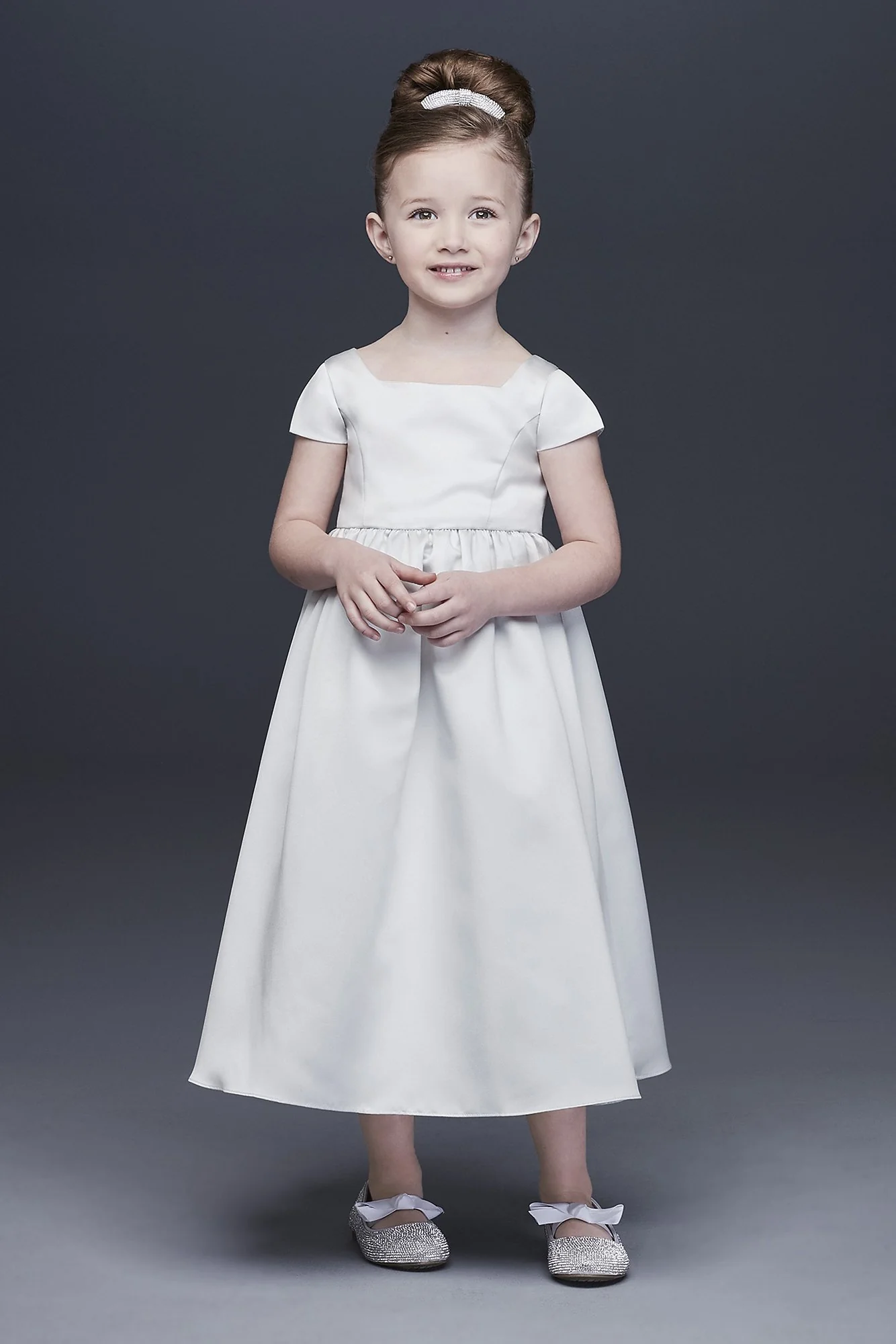 Satin A-Line Flower Girl Dress with Cap Sleeves - Image 2