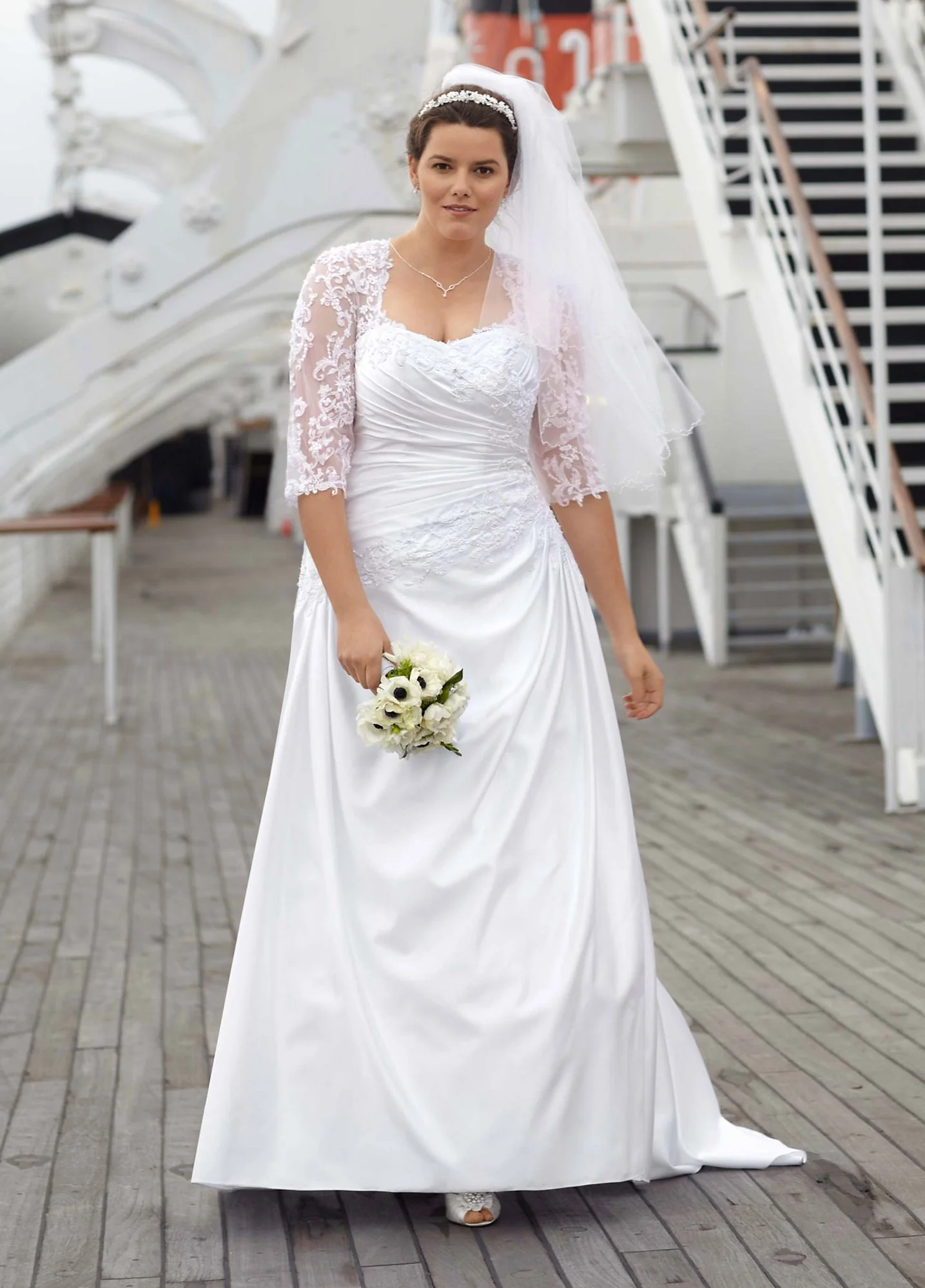 Satin A Line Gown with Beaded Lace Sleeves - Image 2