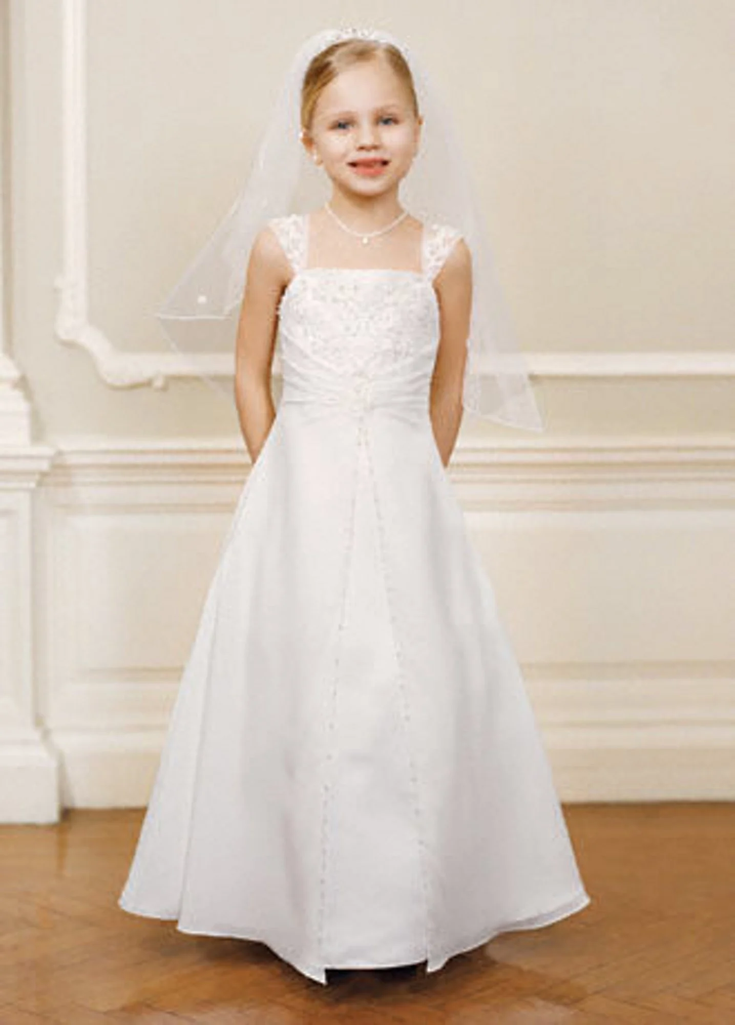 Satin A-line gown with floral embroidery on bodice