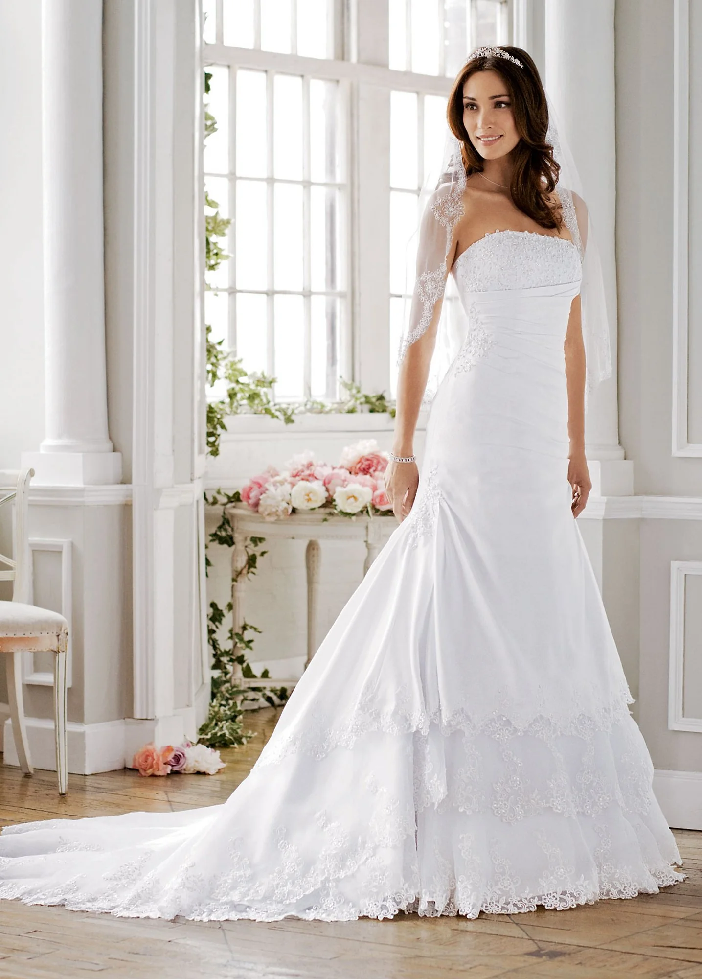Satin A-line with Beaded Lace and Tiered Skirt - Image 2