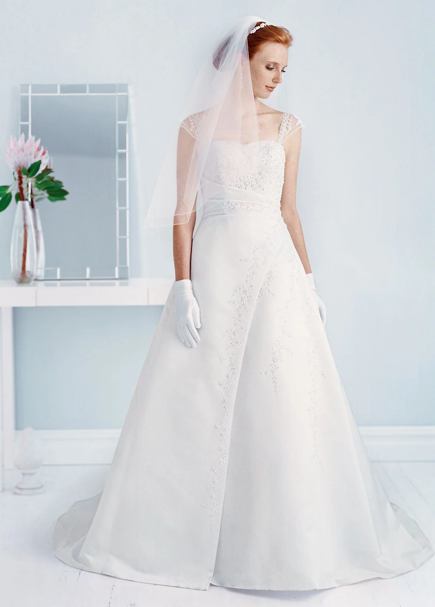 Satin A-line with Lace Embroidered Cap Sleeves