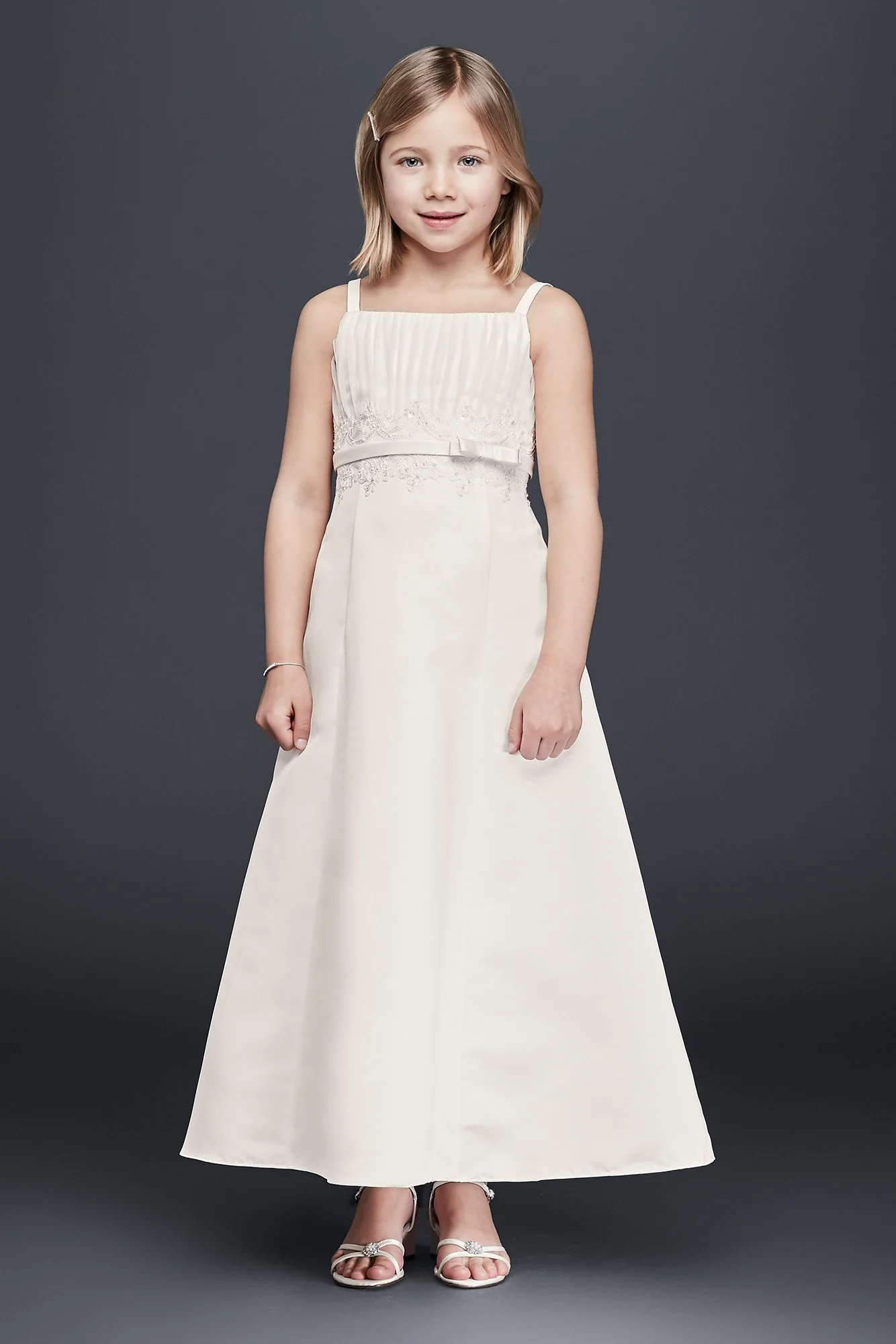 Beaded Lace and Satin Long Flower Girl Dress - Image 2