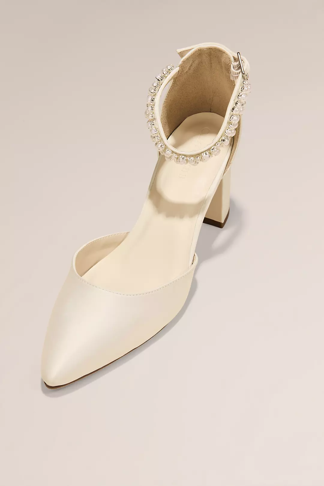 Satin Almond Toe Block Heels with Pearl Straps - Image 2