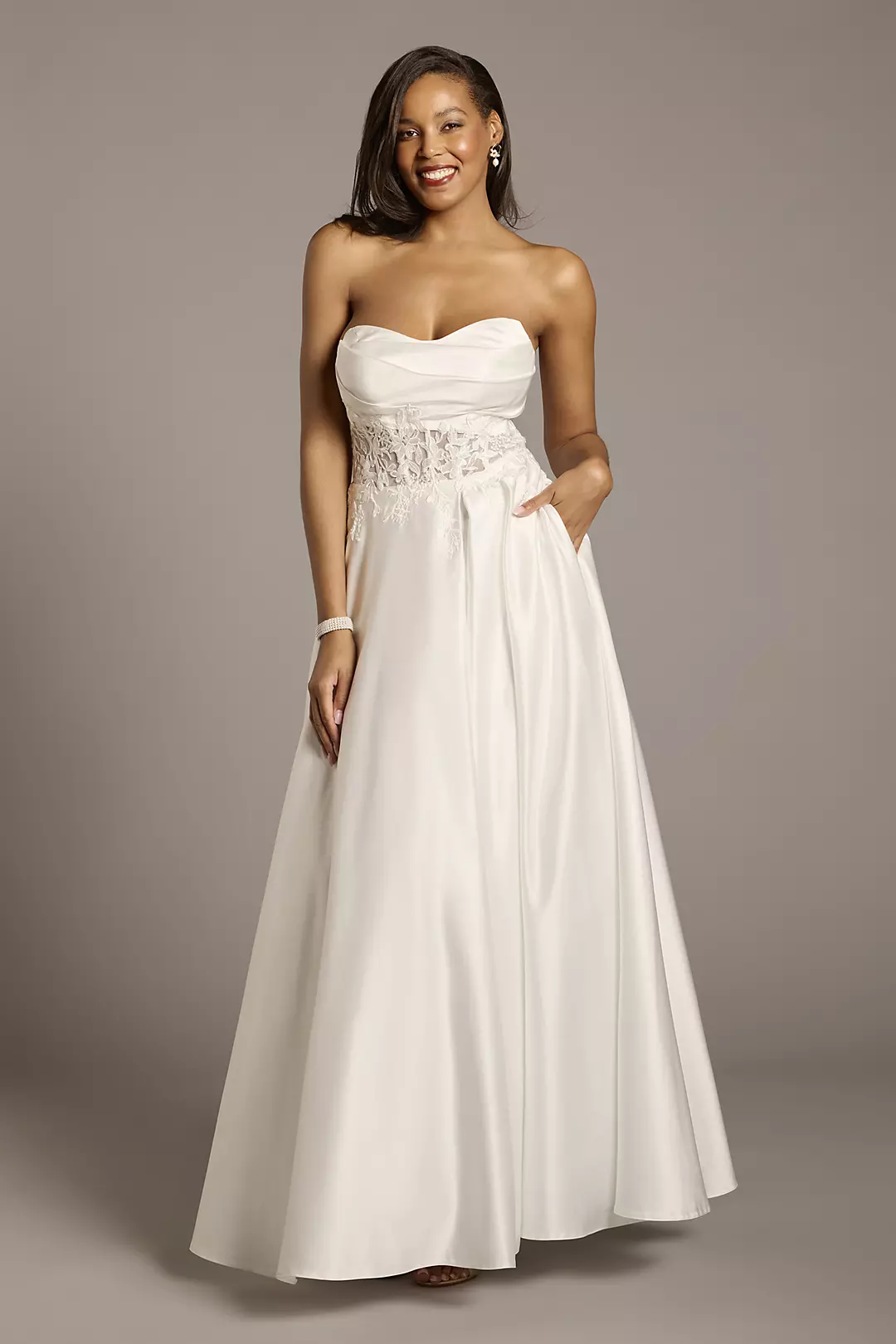 Satin and Lace Applique Strapless Ball Gown - Image 5