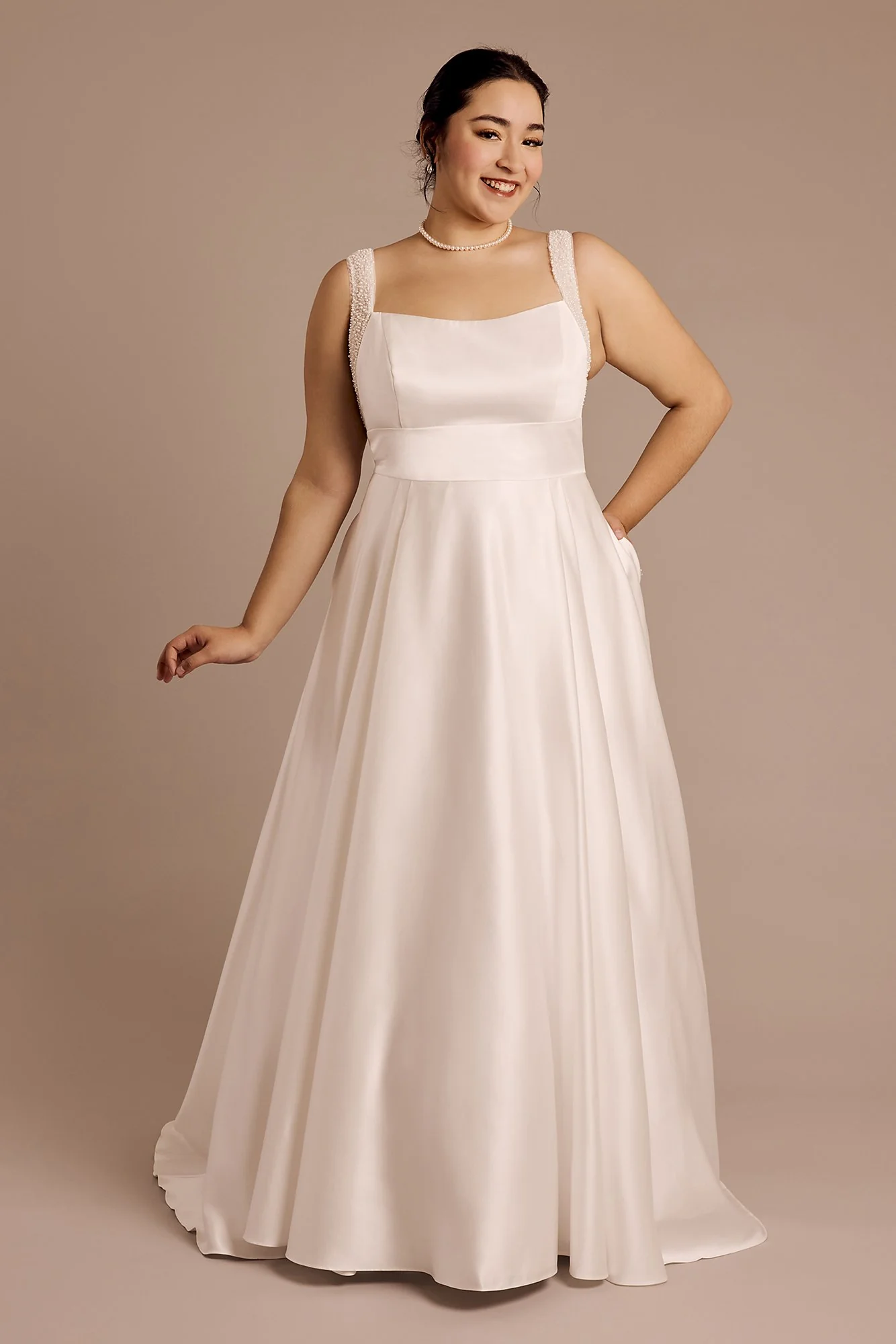 Satin Ball Gown Wedding Dress with Pearl Straps - Image 3