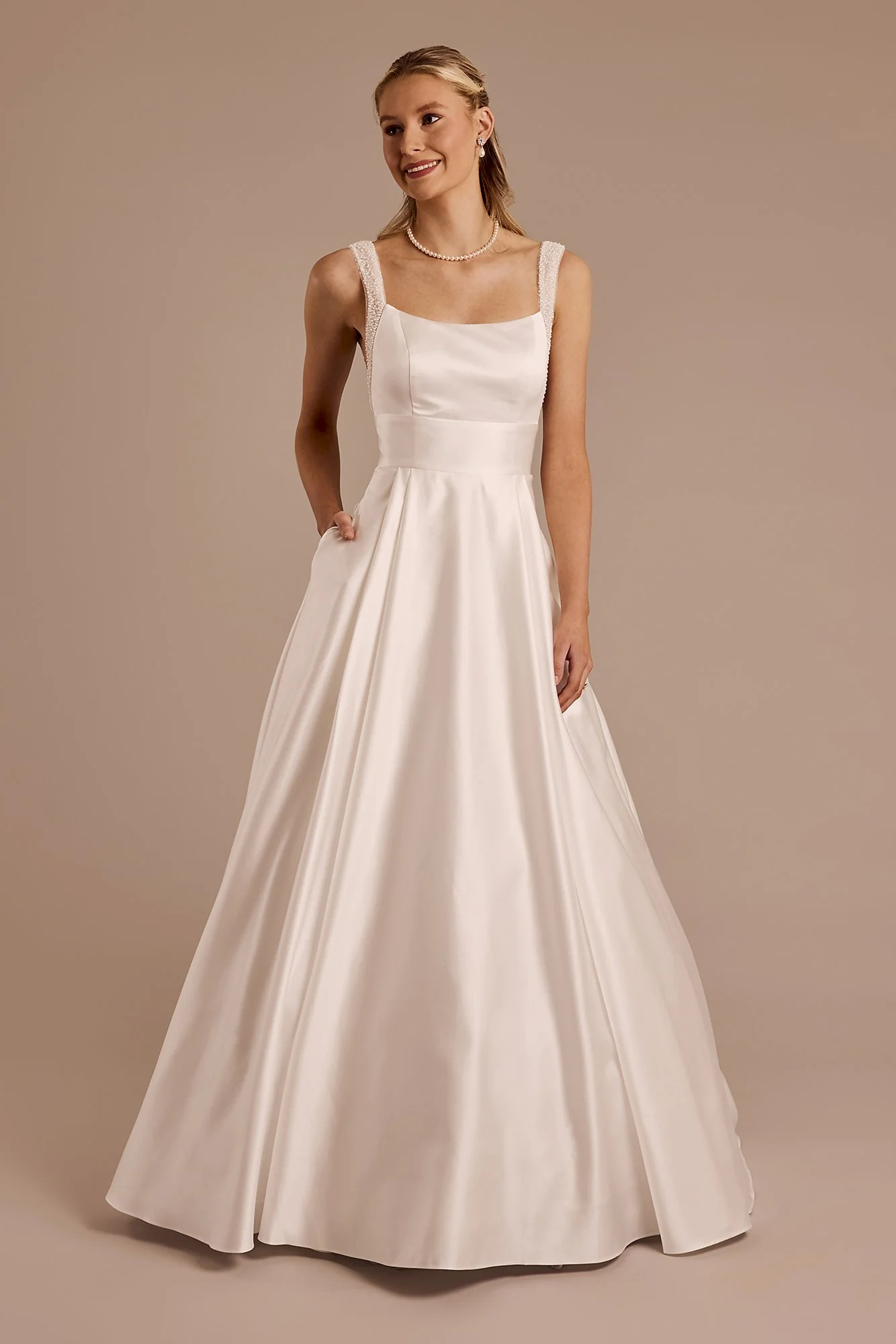 Satin Ball Gown Wedding Dress with Pearl Straps - Image 5