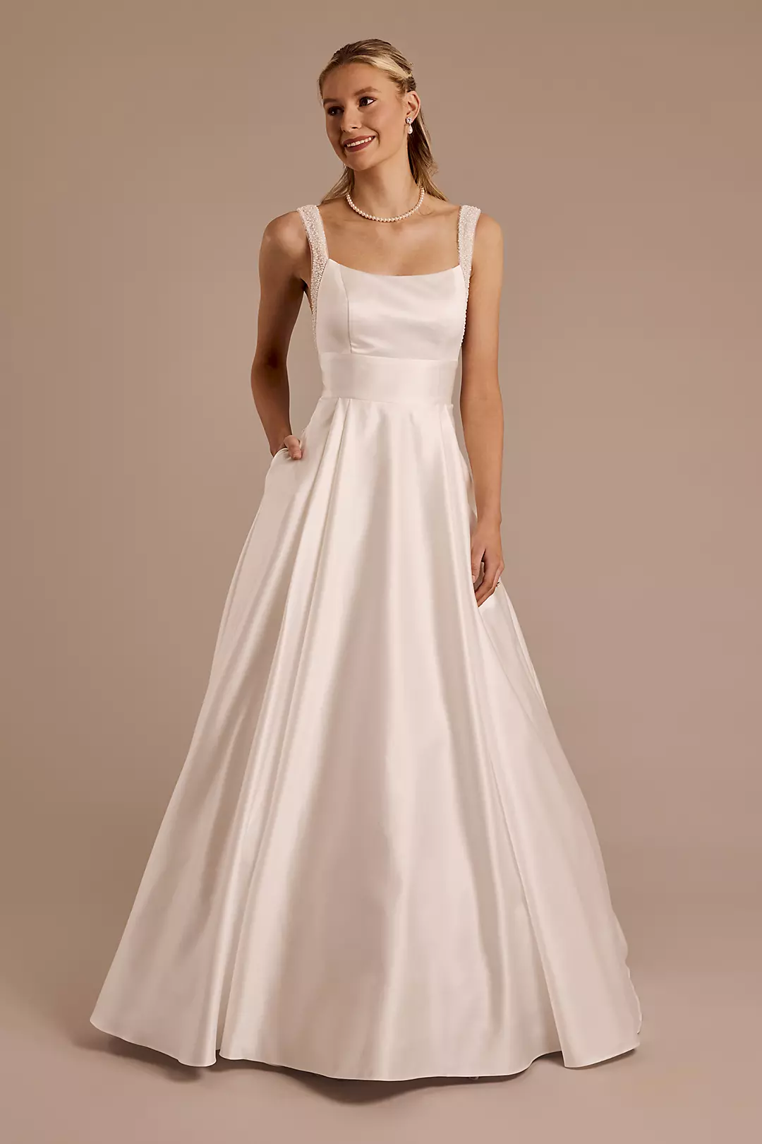 Satin Ball Gown Wedding Dress with Pearl Straps - Image 6