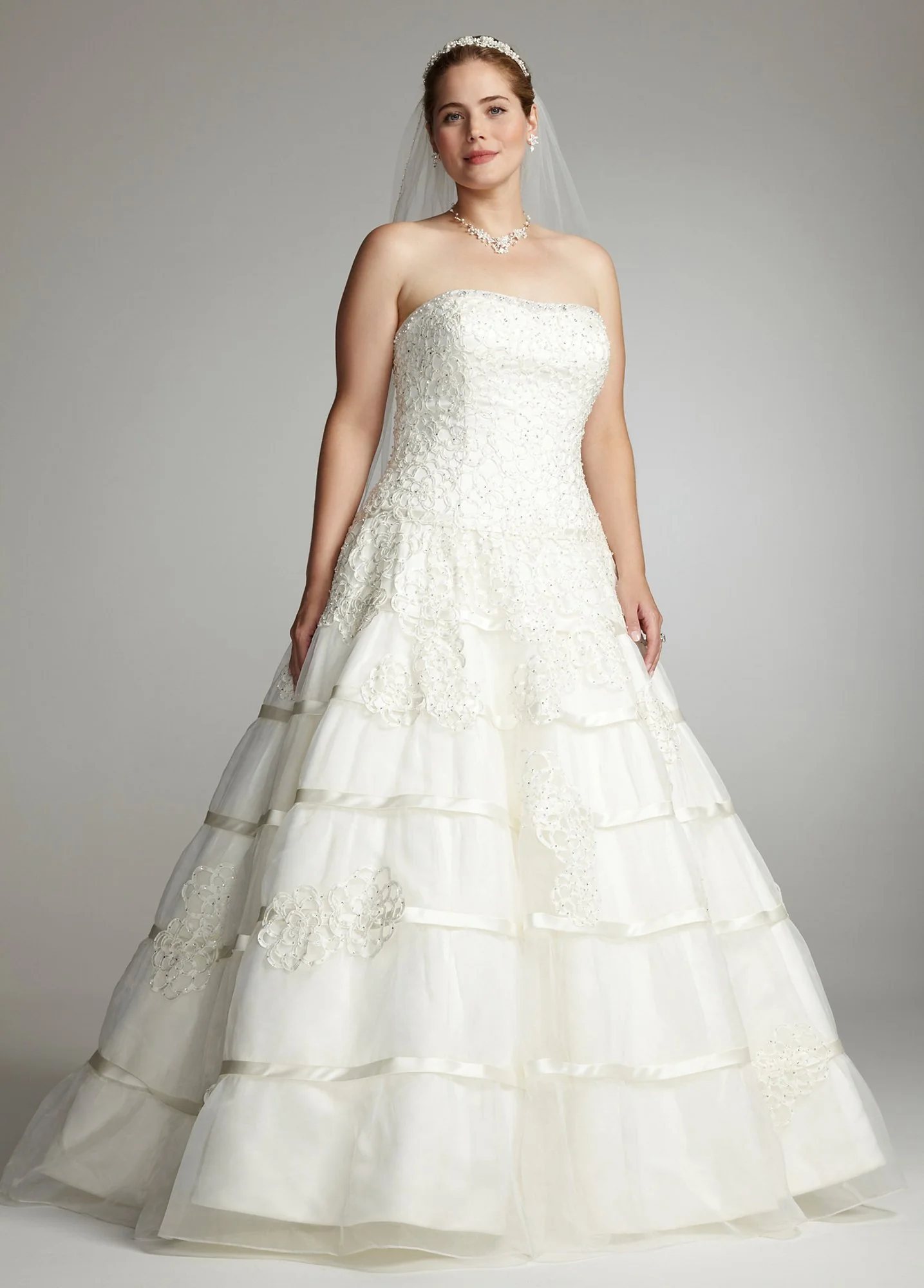 Satin Ball Gown with Laser-Cut Floral Appliques