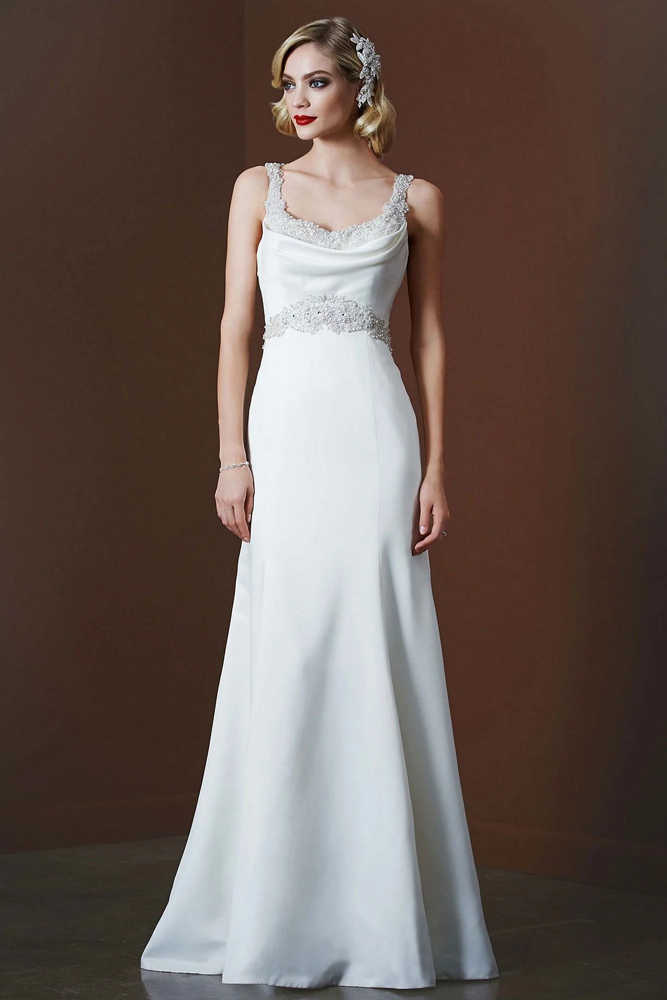 Satin Dress with Beaded Waist and Illusion Back