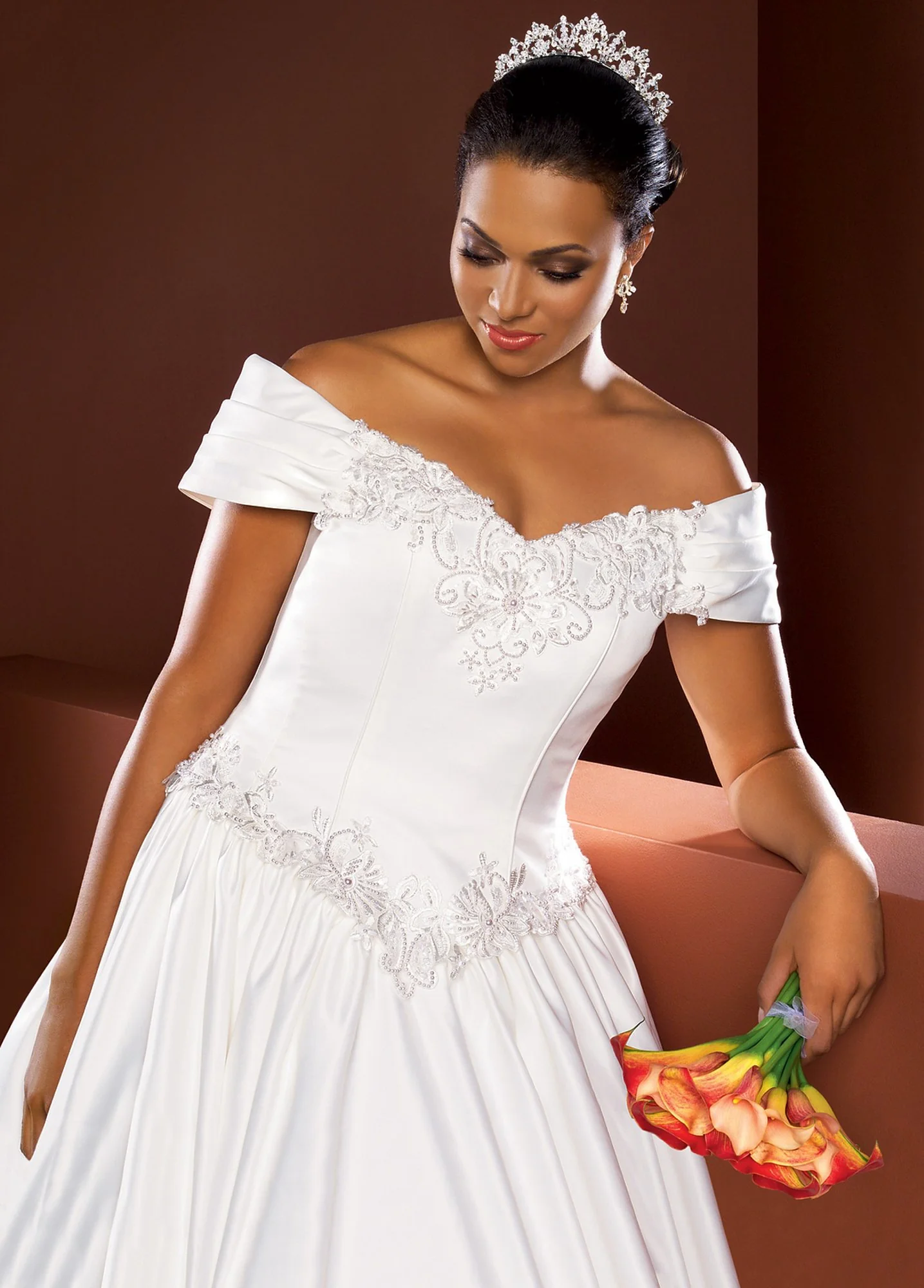 Satin floor-length gown with off-the-shoulder portrait collar and back bow detail.