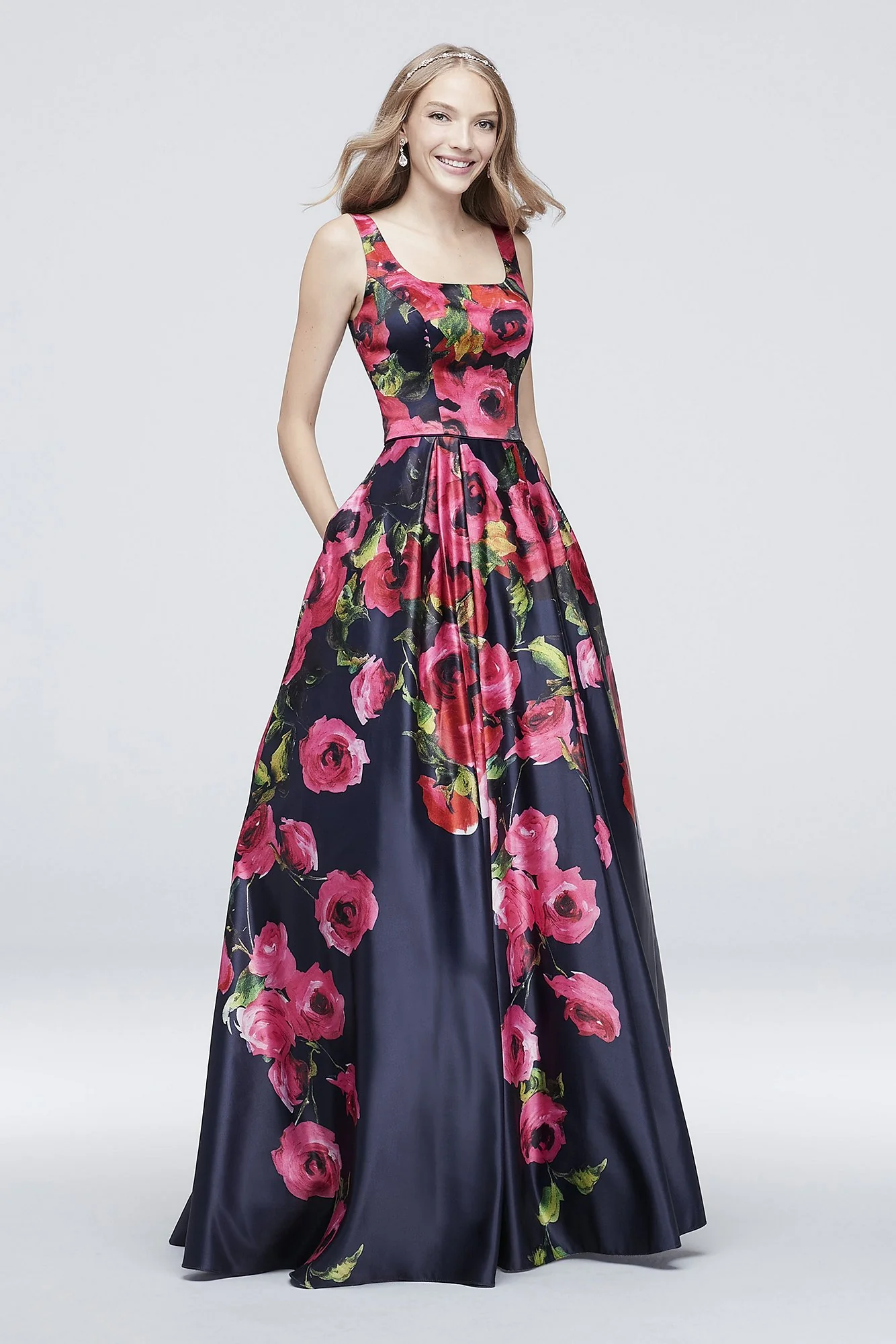Satin Floral Printed Tank Ball Gown with Low Back - Image 2