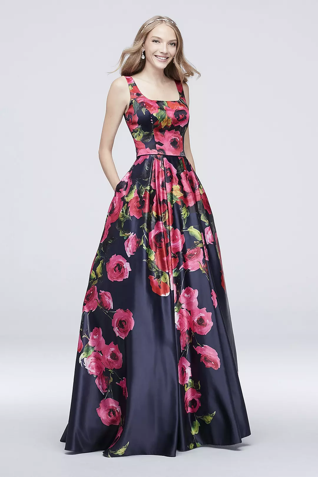 Satin Floral Printed Tank Ball Gown with Low Back - Image 4