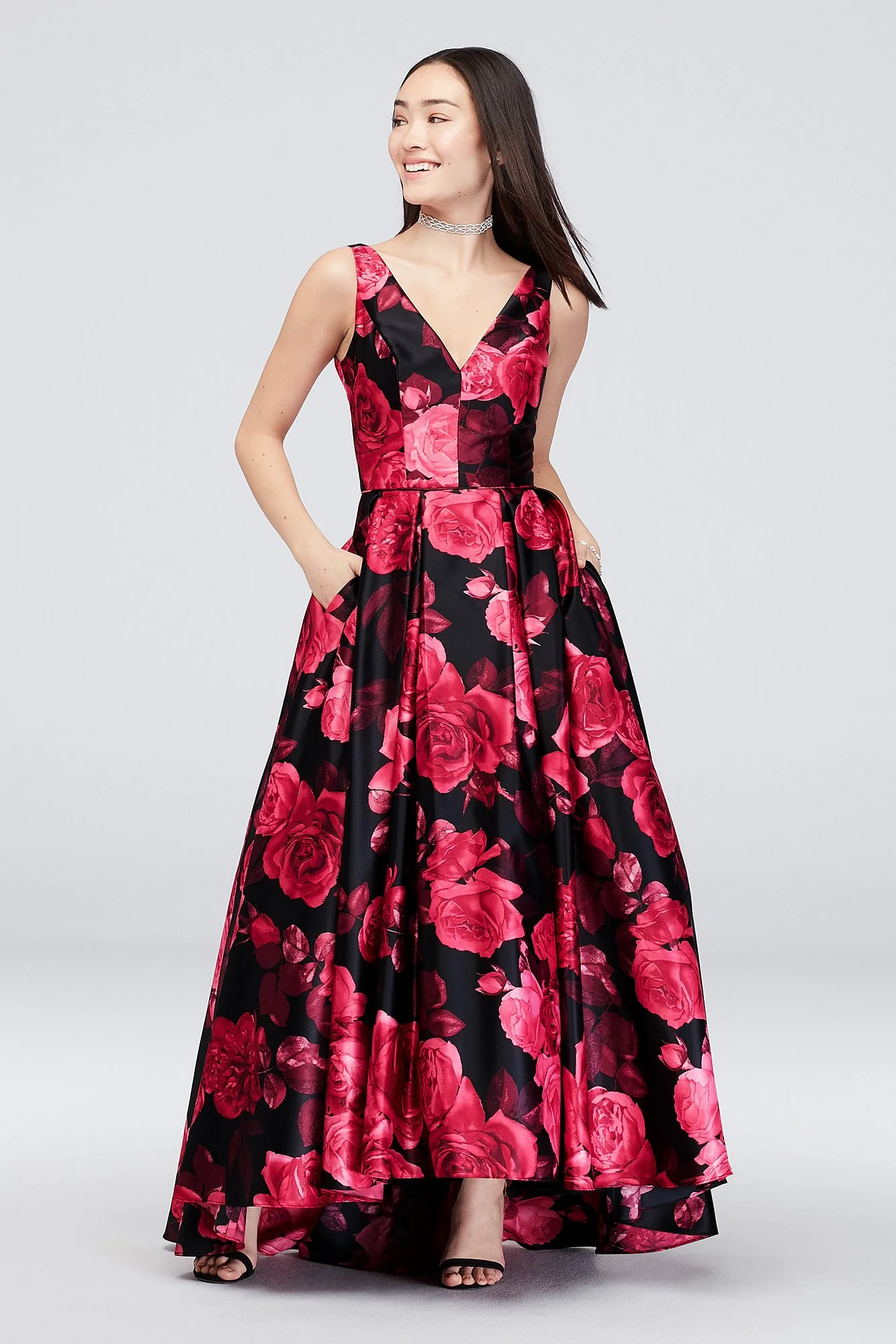 Satin Floral V-Neck Ball Gown with Pockets - Image 2