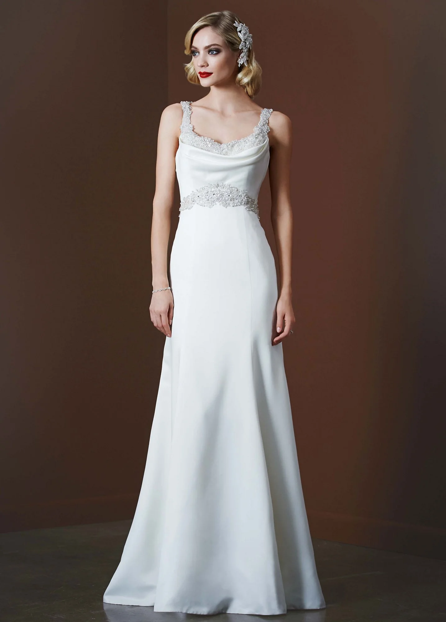Satin Gown with Beaded Waist and Illusion Back