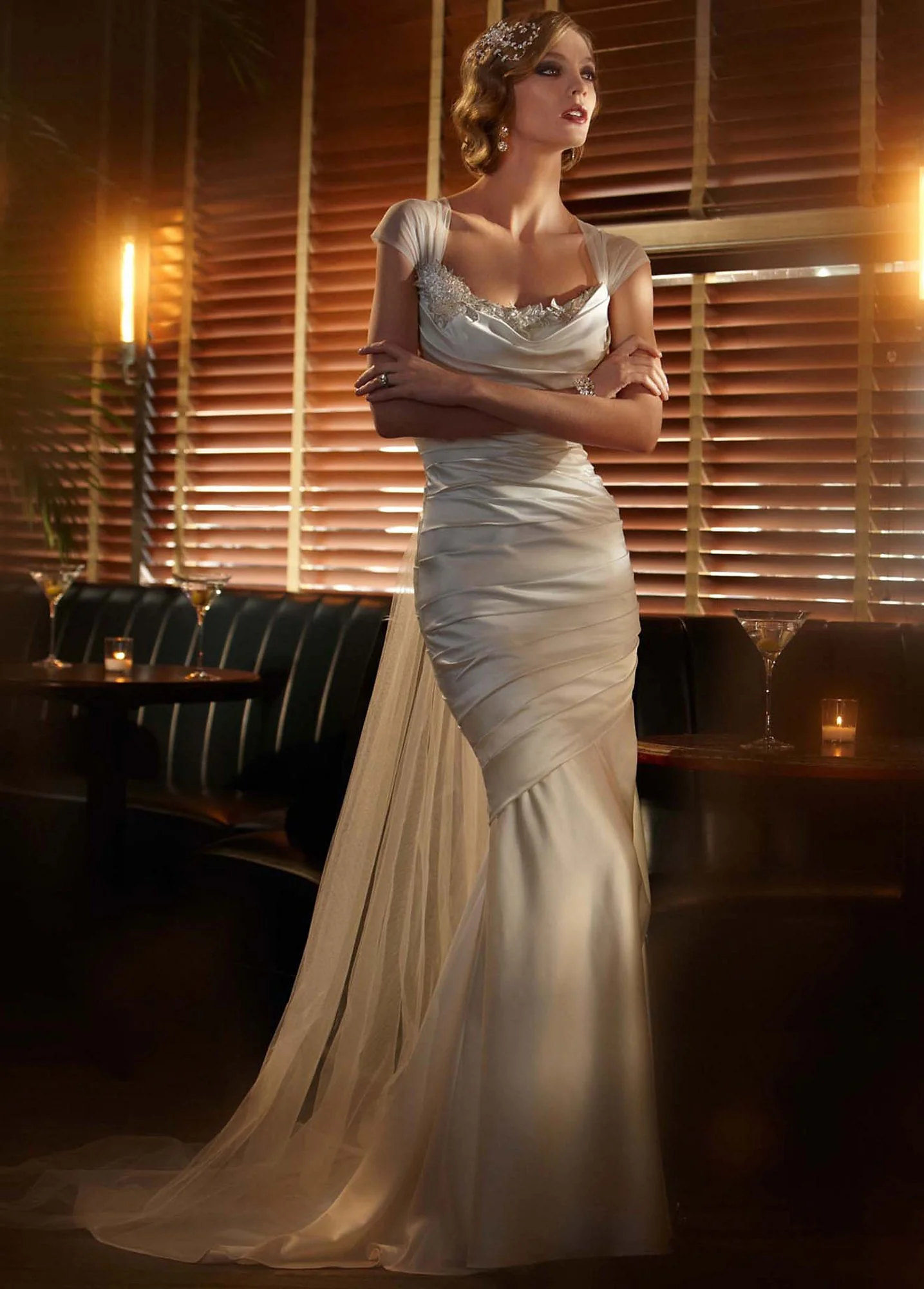 Satin Gown with Cascading Train and Floral Detail