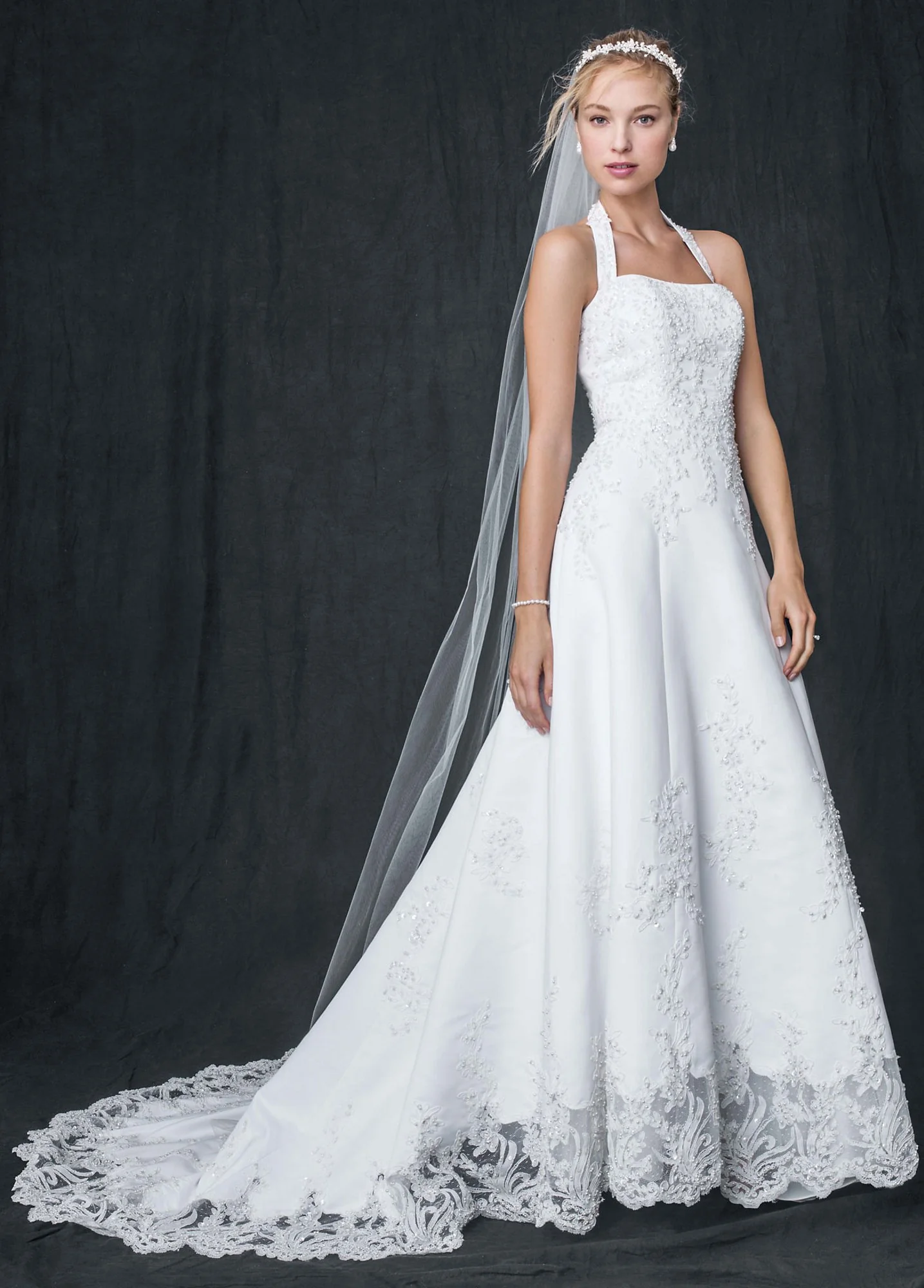 Satin Halter A-line Wedding Dress with Beaded Lace
