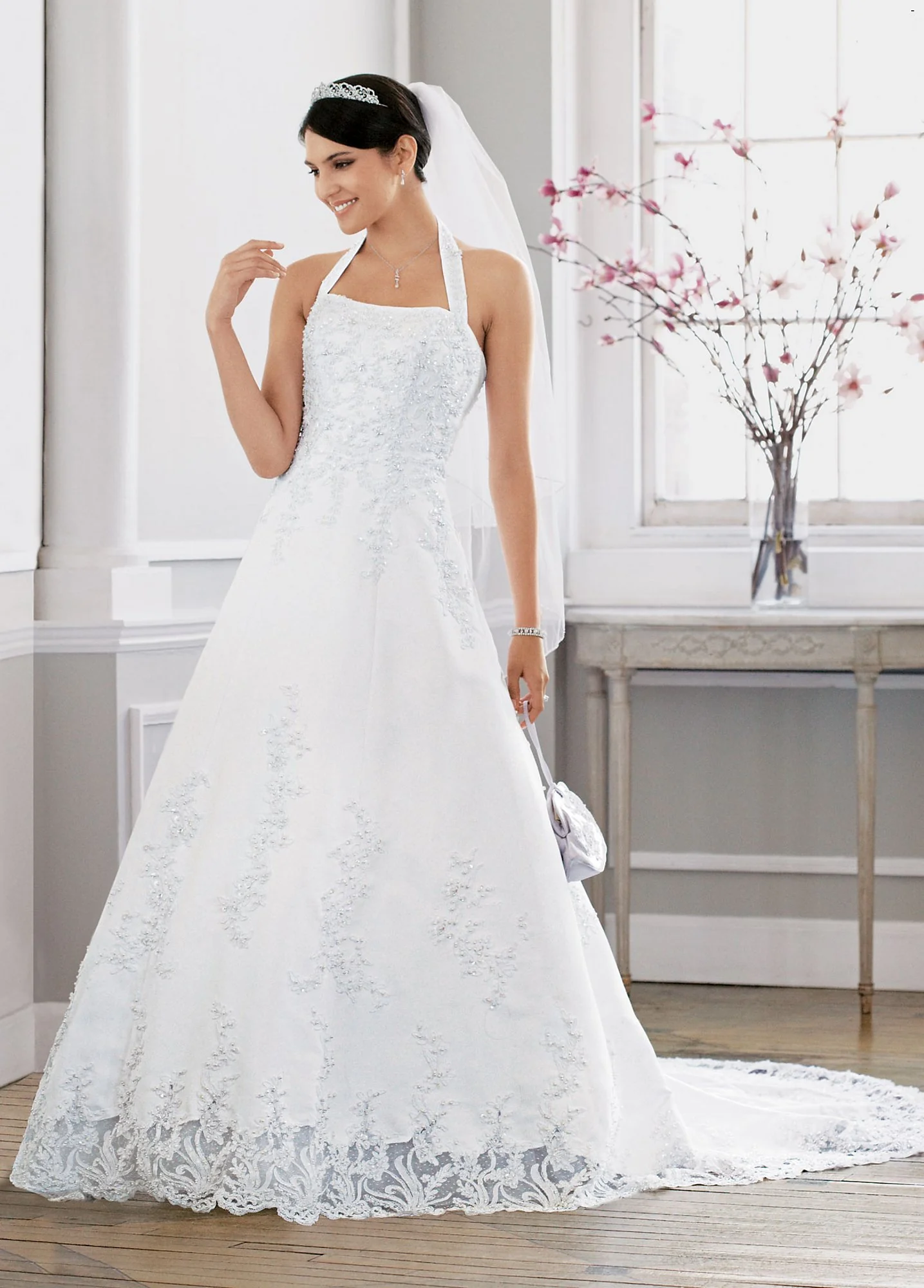 Satin Halter A-line Wedding Dress with Beaded Lace - Image 4