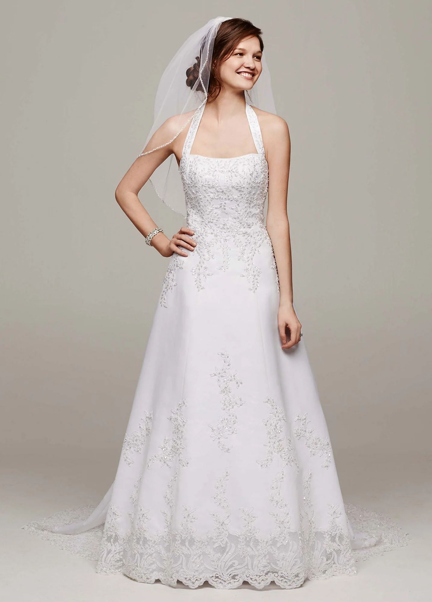 Satin Halter A-line Wedding Dress with Beaded Lace - Image 6