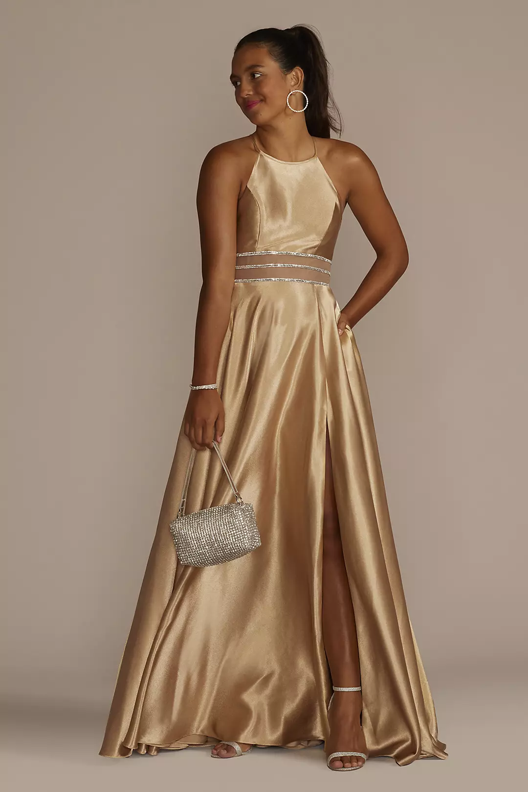 Satin High Neck Illusion Waist A-Line Dress - Image 11