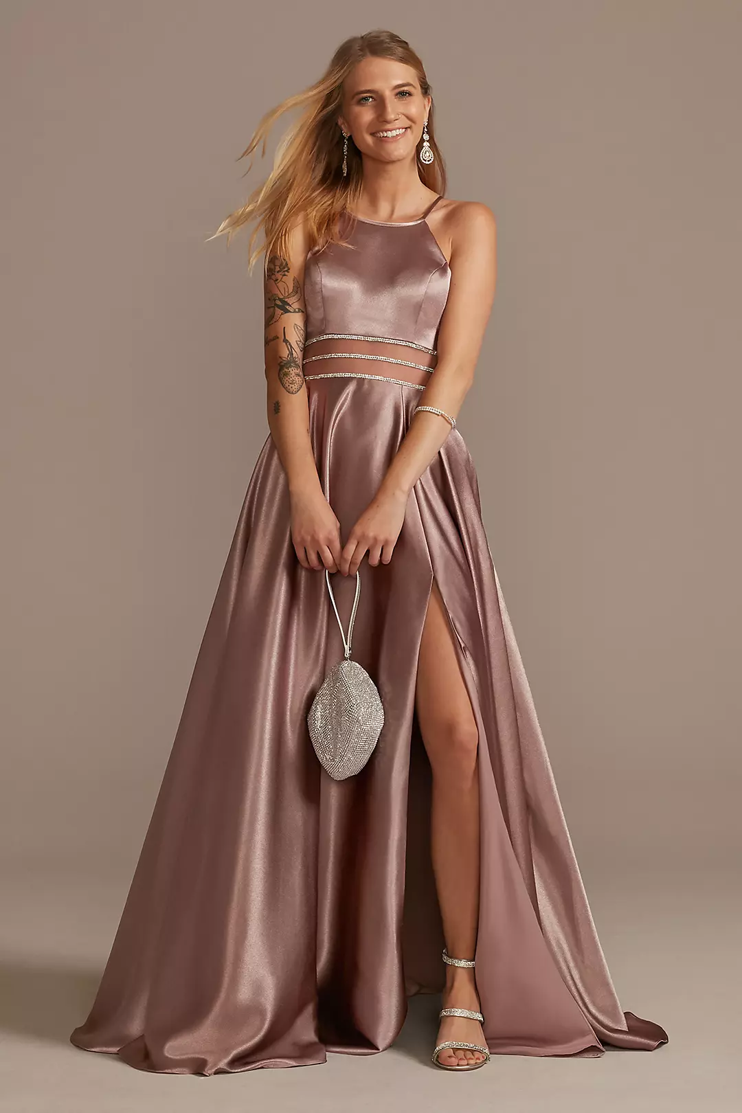 Satin High Neck Illusion Waist A-Line Dress - Image 2