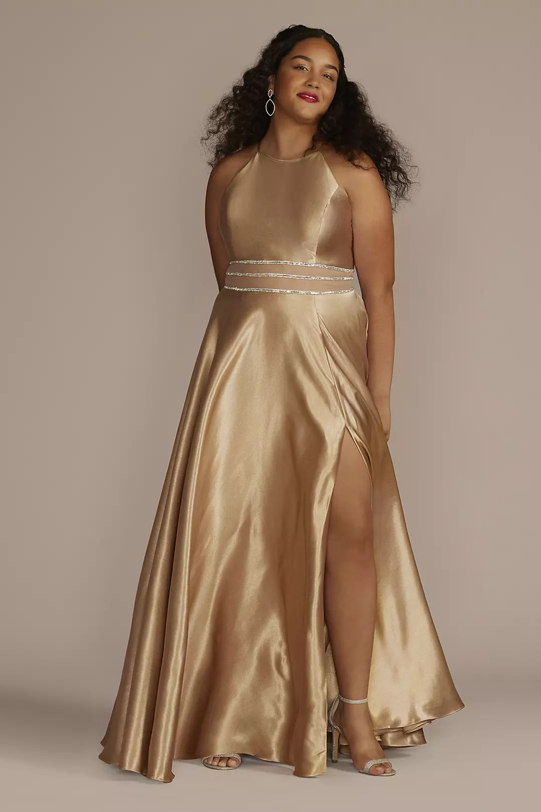 Satin High Neck Illusion Waist A-Line Dress - Image 3