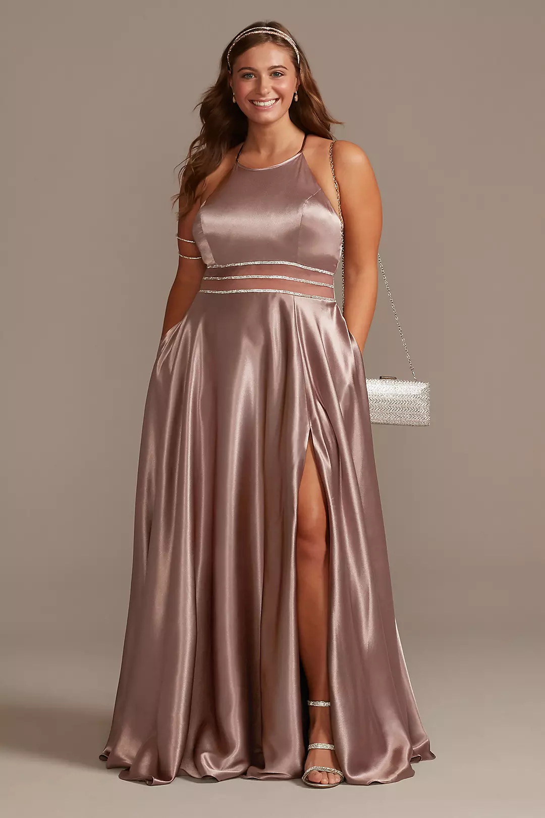 Satin High Neck Illusion Waist A-Line Dress - Image 7