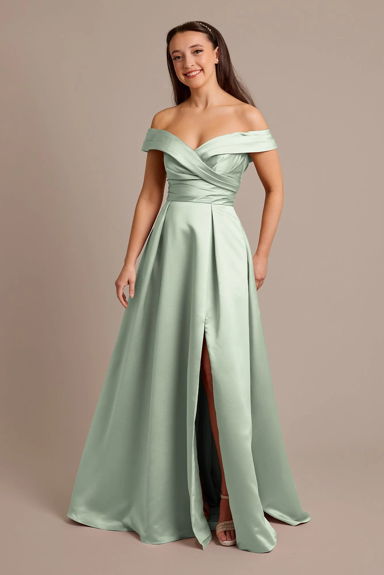Satin Off-the-Shoulder Ball Gown Dress - Image 3