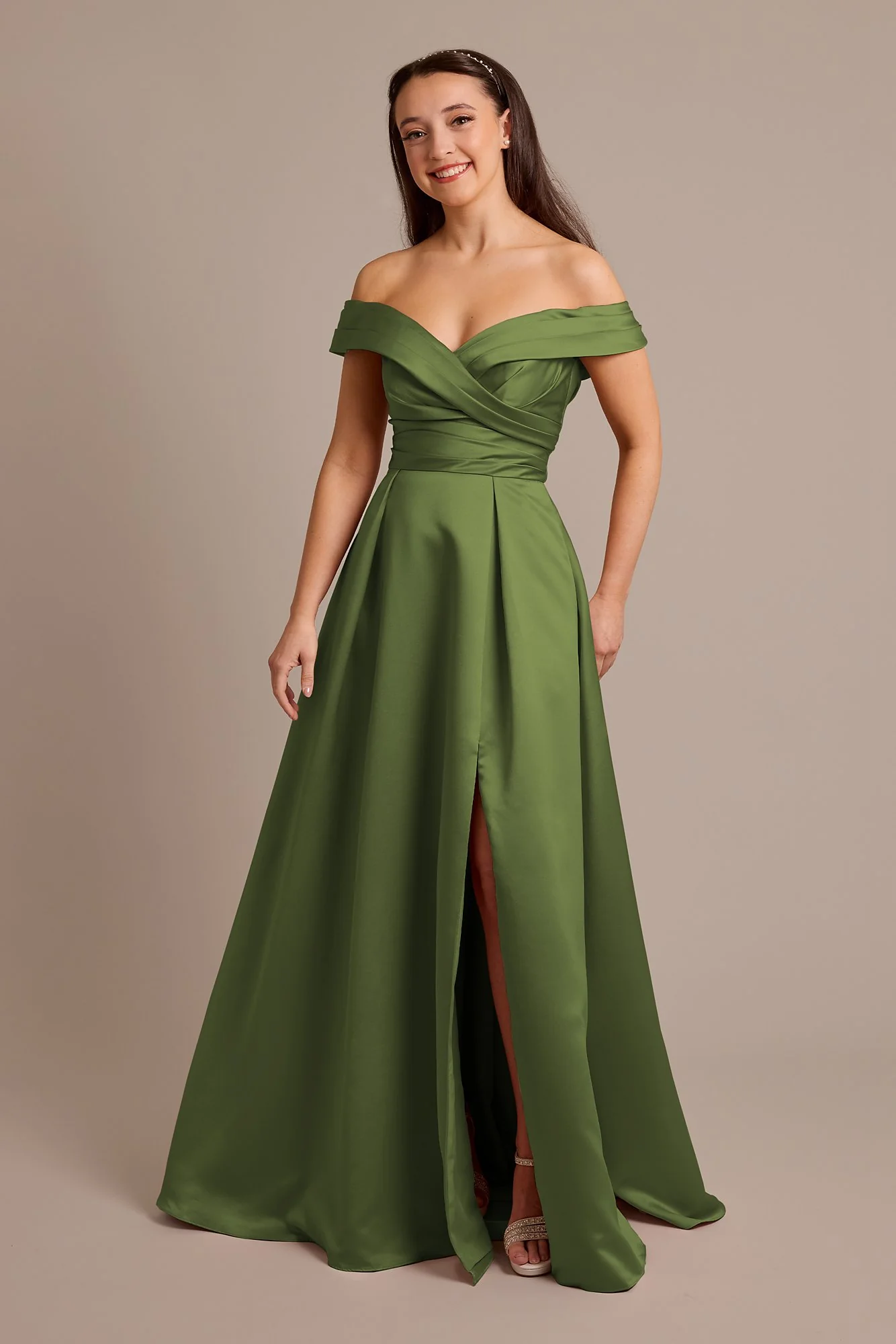 Satin Off-the-Shoulder Ball Gown Dress - Image 9