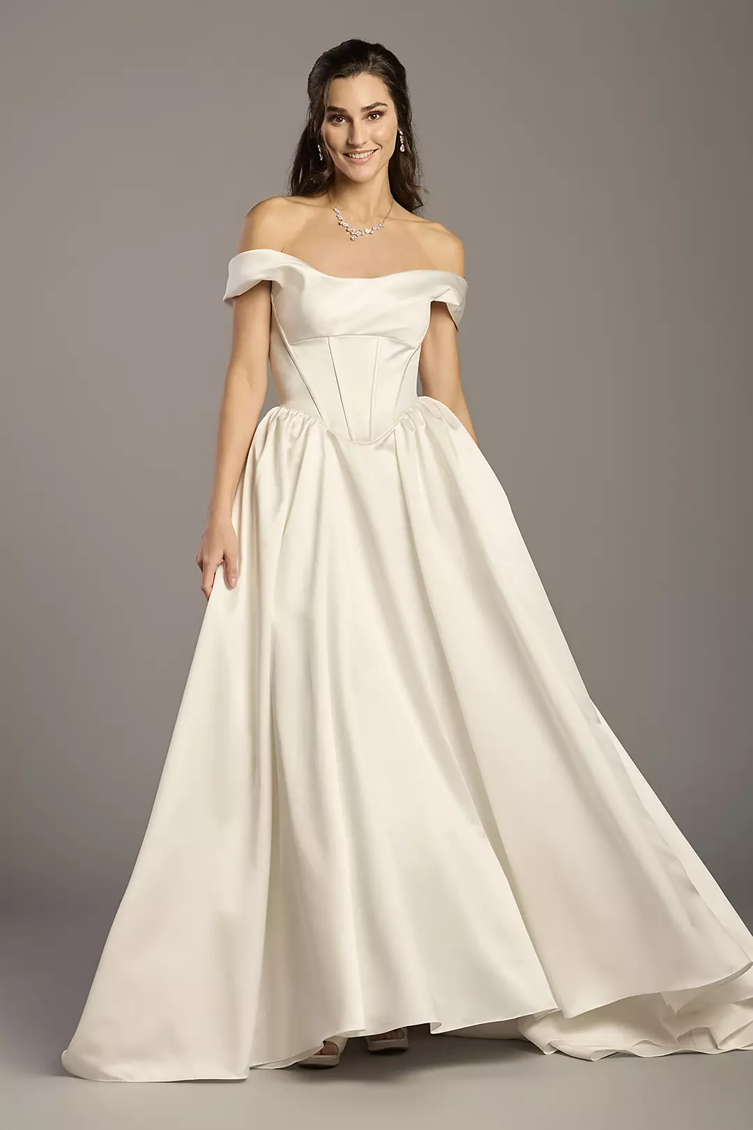 Satin Off-the-Shoulder Basque Waist Ball Gown