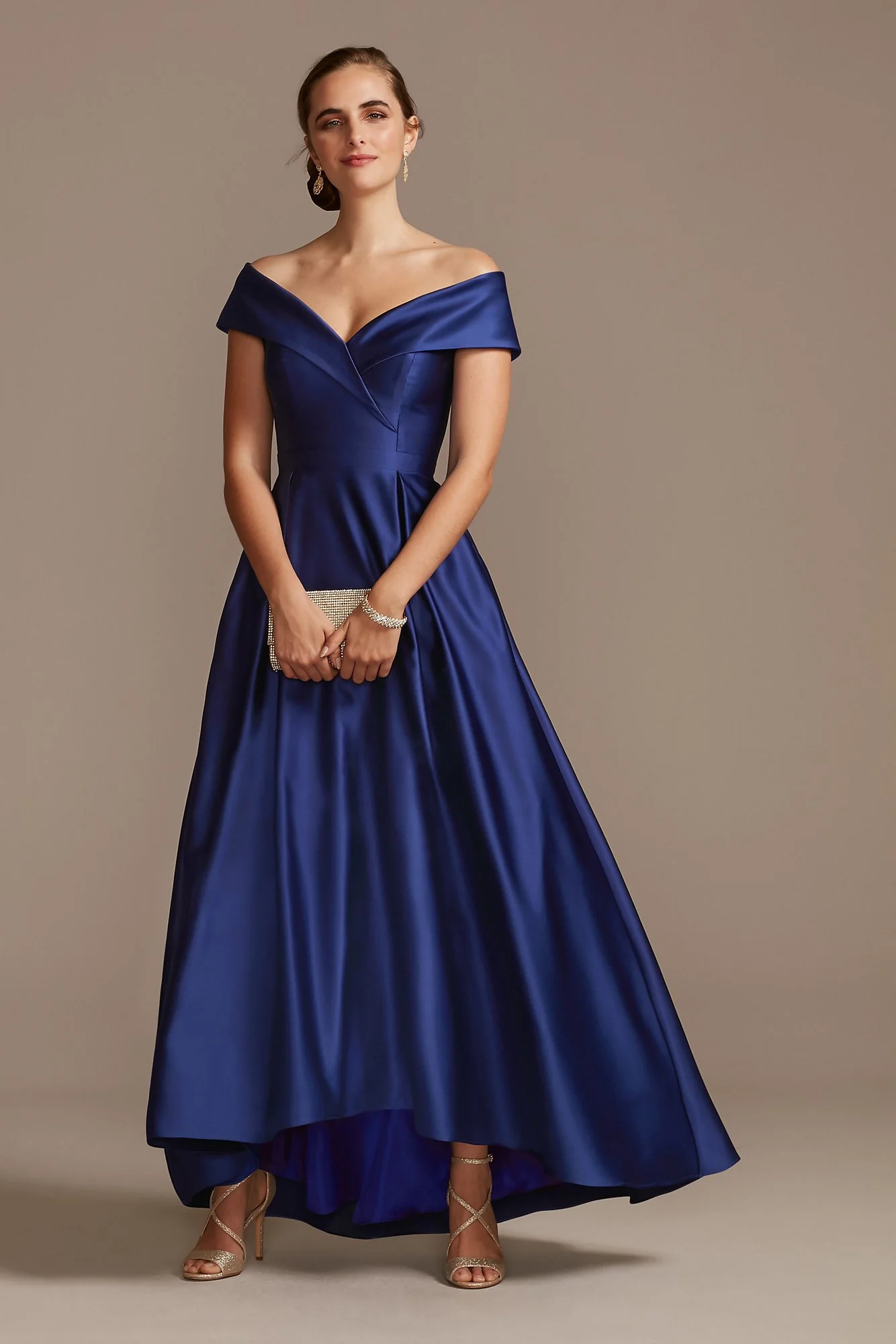 Satin Off the Shoulder Gown with Portrait Collar