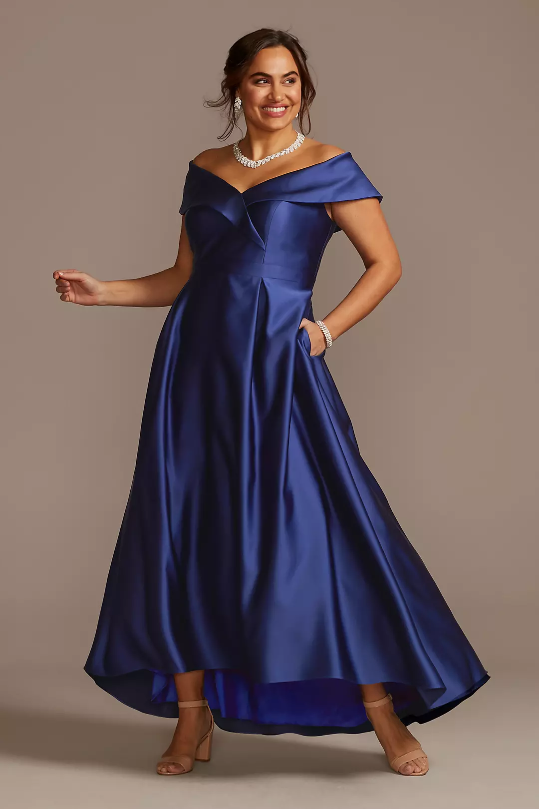 Satin Off the Shoulder Gown with Portrait Collar - Image 2