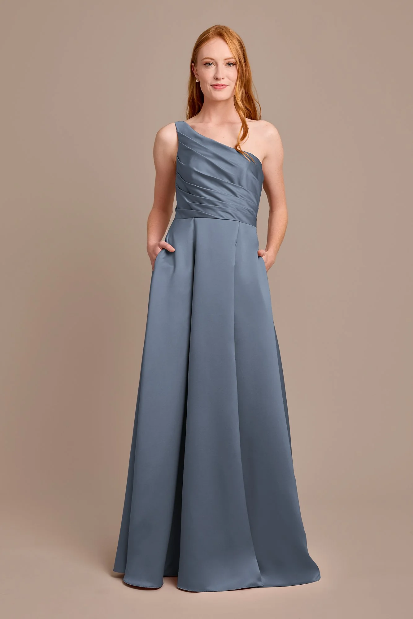 Satin One-Shoulder A-Line Pleated Dress - Image 11