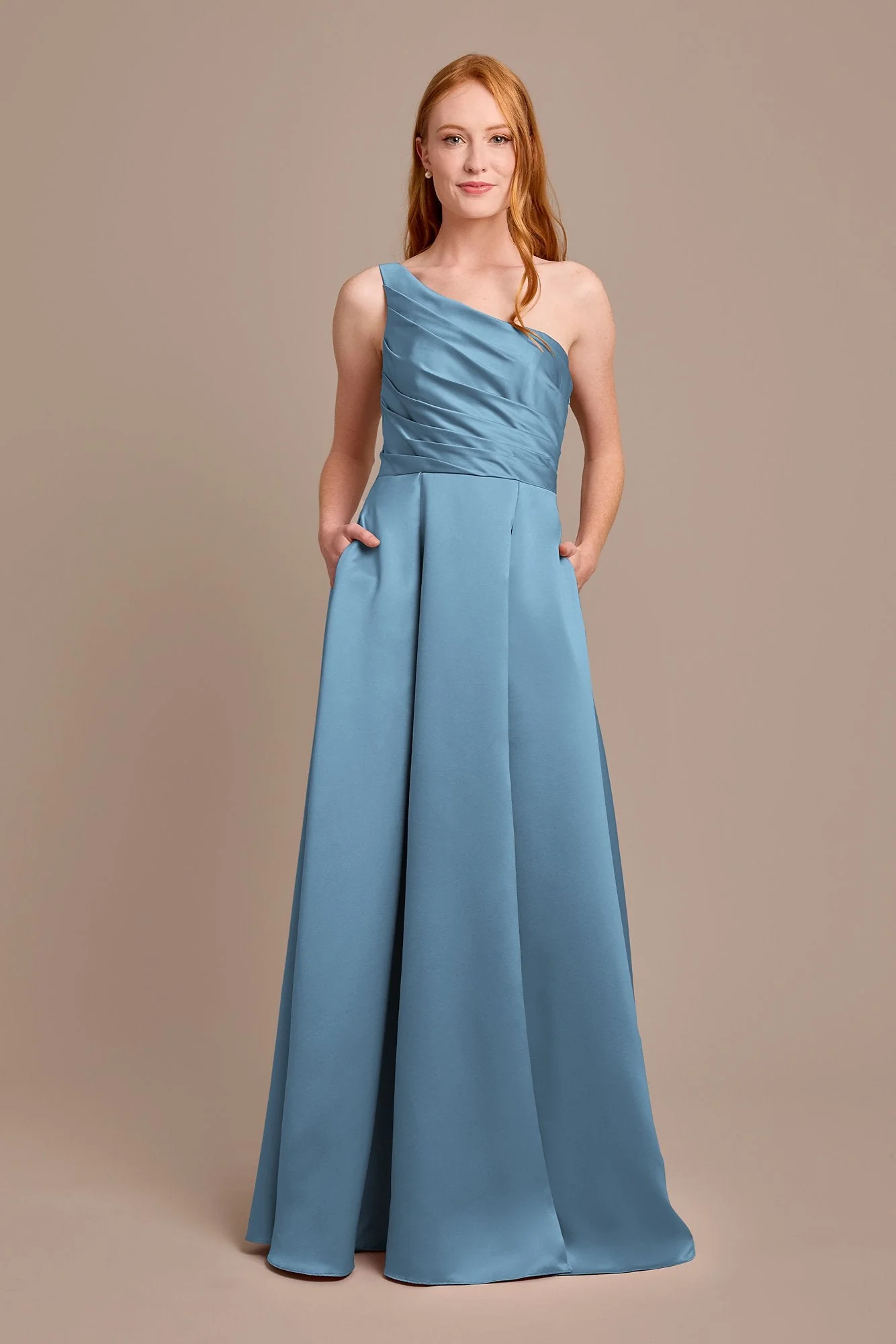 Satin One-Shoulder A-Line Pleated Dress - Image 37