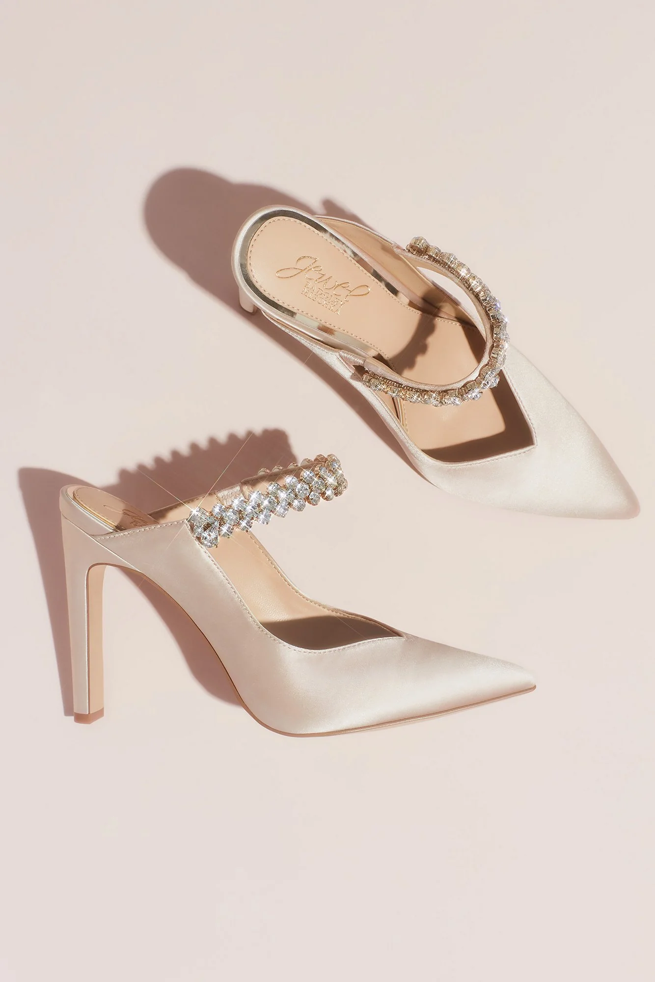 Satin Pointed Toe Heeled Mules with Crystal Strap