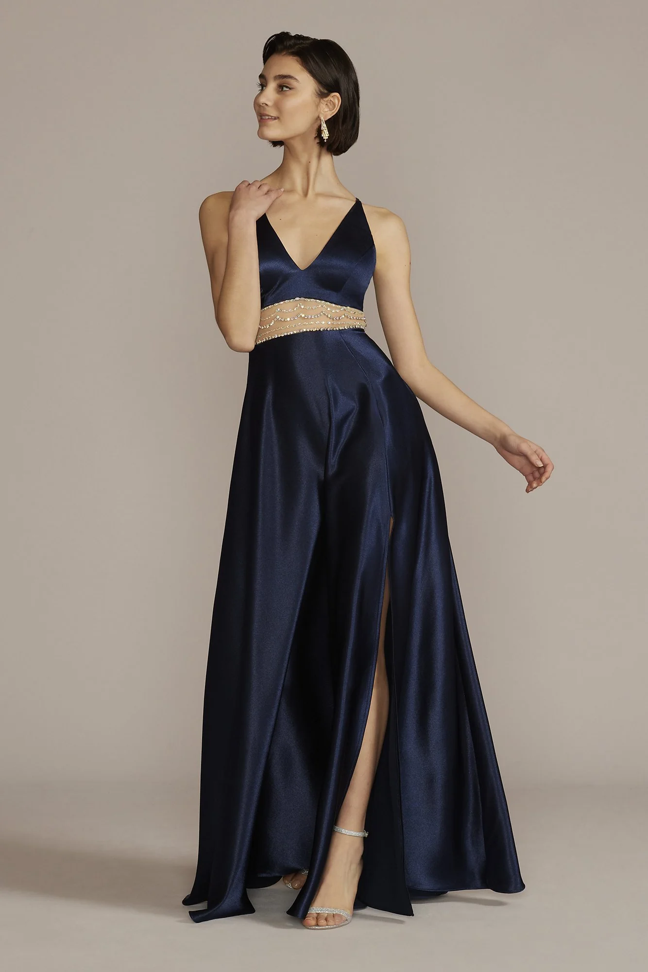 Satin Prom Gown with Embellished Illusion Waist - Image 3